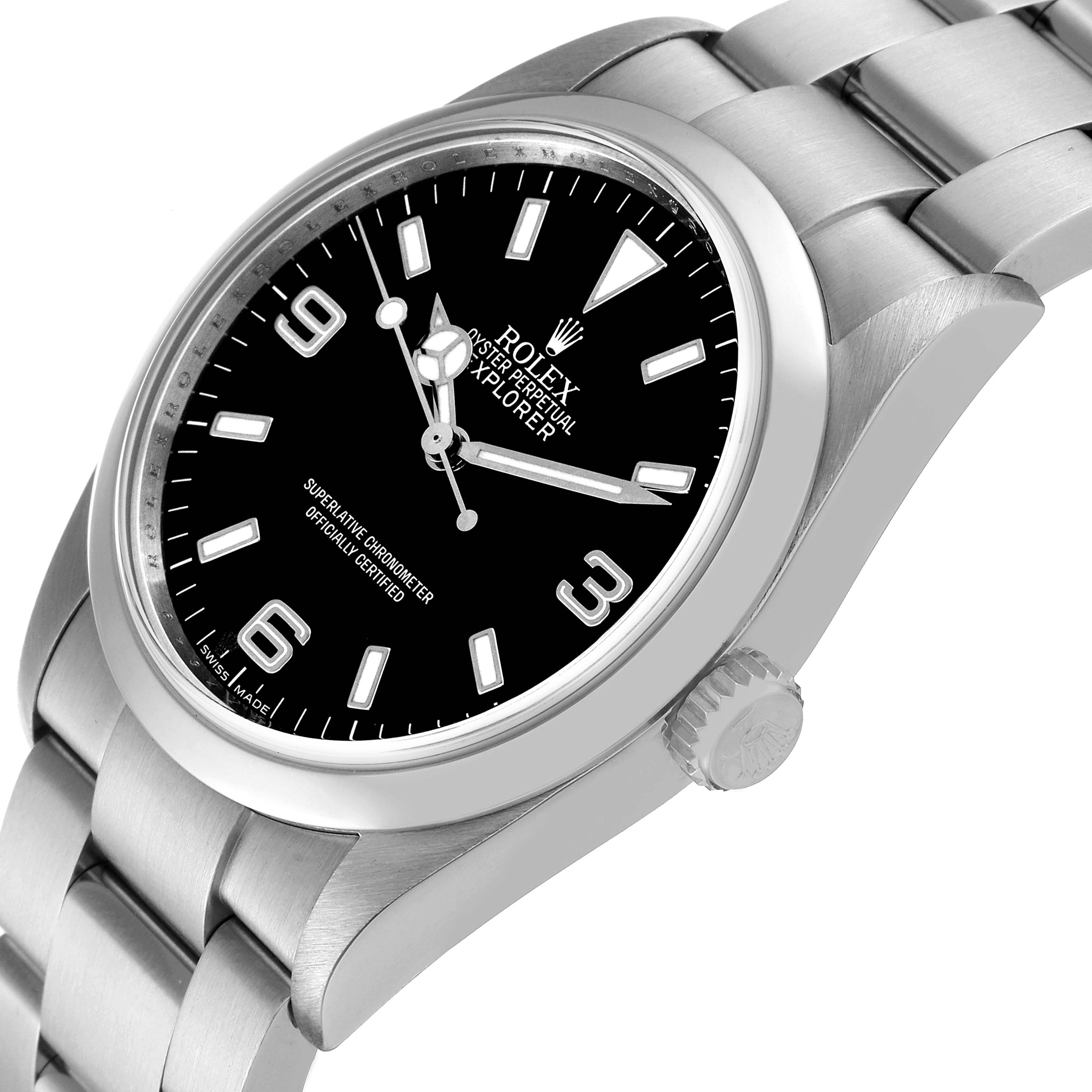 This image shows the face, bezel, crown, and part of the bracelet of the Rolex Explorer 114270 Men
s Stainless Steel Black Dial 114270 Men
s Stainless Steel Black Dial model watch at a three-quarter angle.