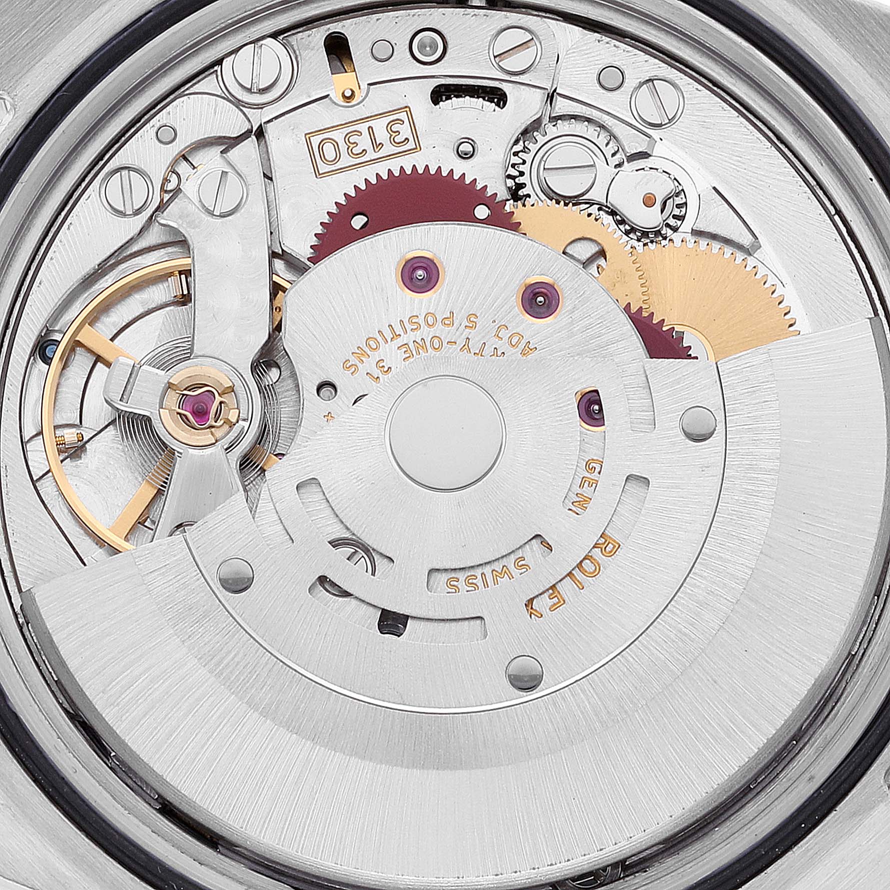 This image shows the internal mechanical movement of a Rolex Explorer 114270 Men
s Stainless Steel Black Dial 114270 Men
s Stainless Steel Black Dial watch, focusing on gears and engravings.