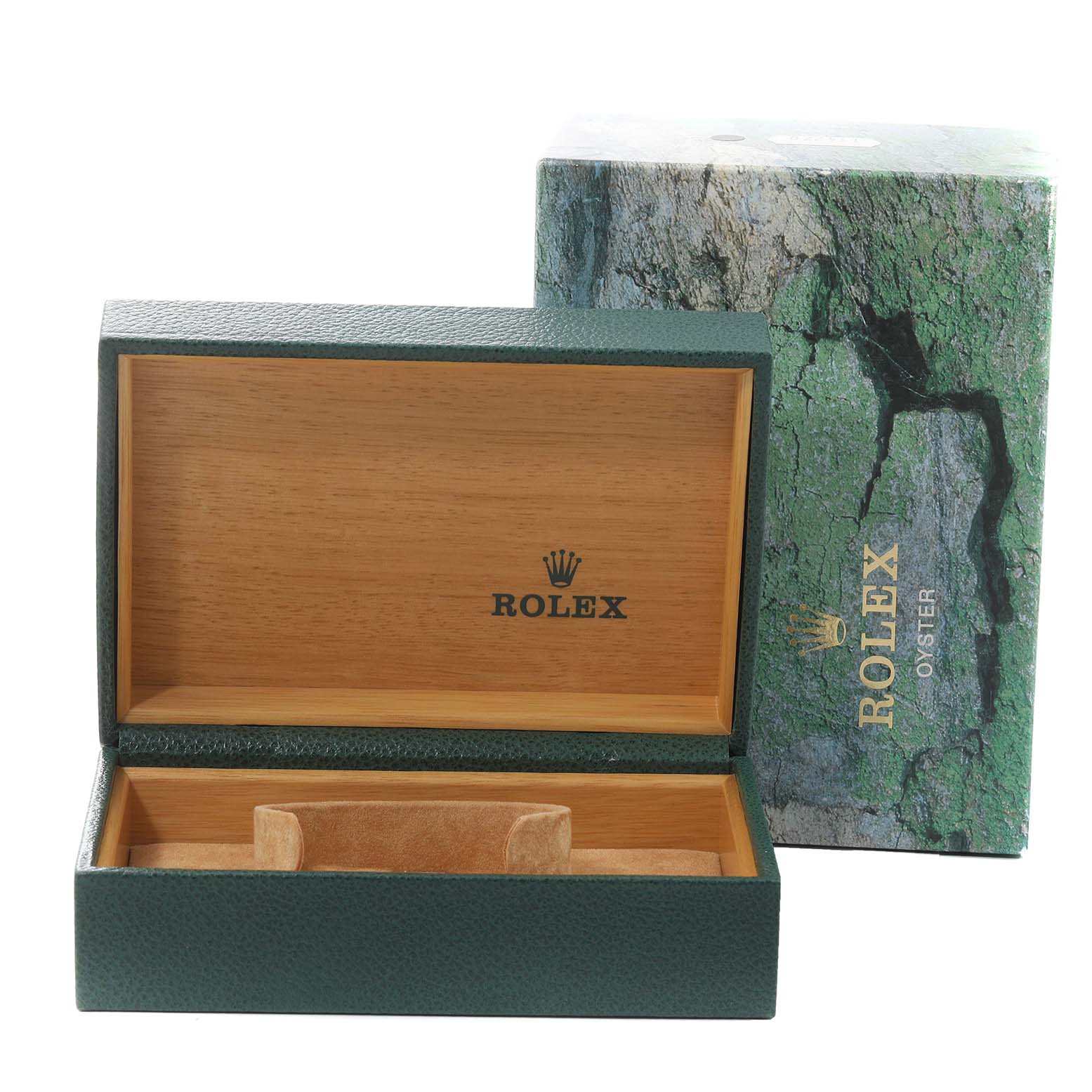 The image shows the open presentation box for a Rolex Explorer 114270 Men
s Stainless Steel Black Dial 114270 Men
s Stainless Steel Black Dial, revealing logo branding inside with an outer box displayed beside it.