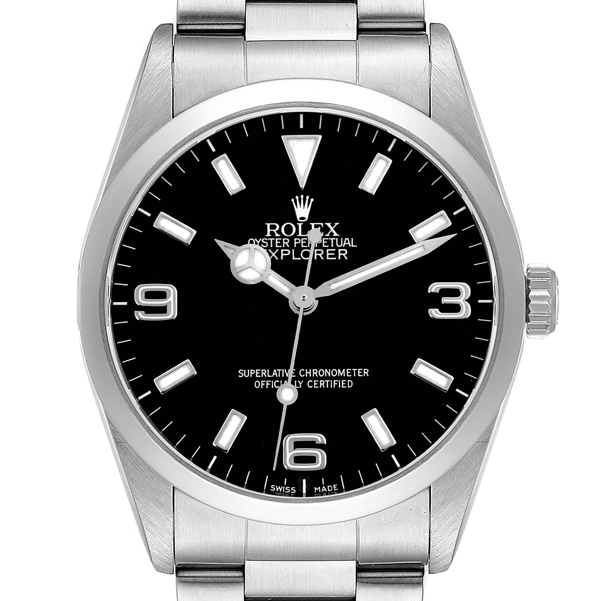 The Rolex Explorer 14270 Men
s Stainless Steel Black Dial 14270 Men
s Stainless Steel Black Dial watch is shown from a top-down angle, showcasing the face, bezel, and part of the bracelet.