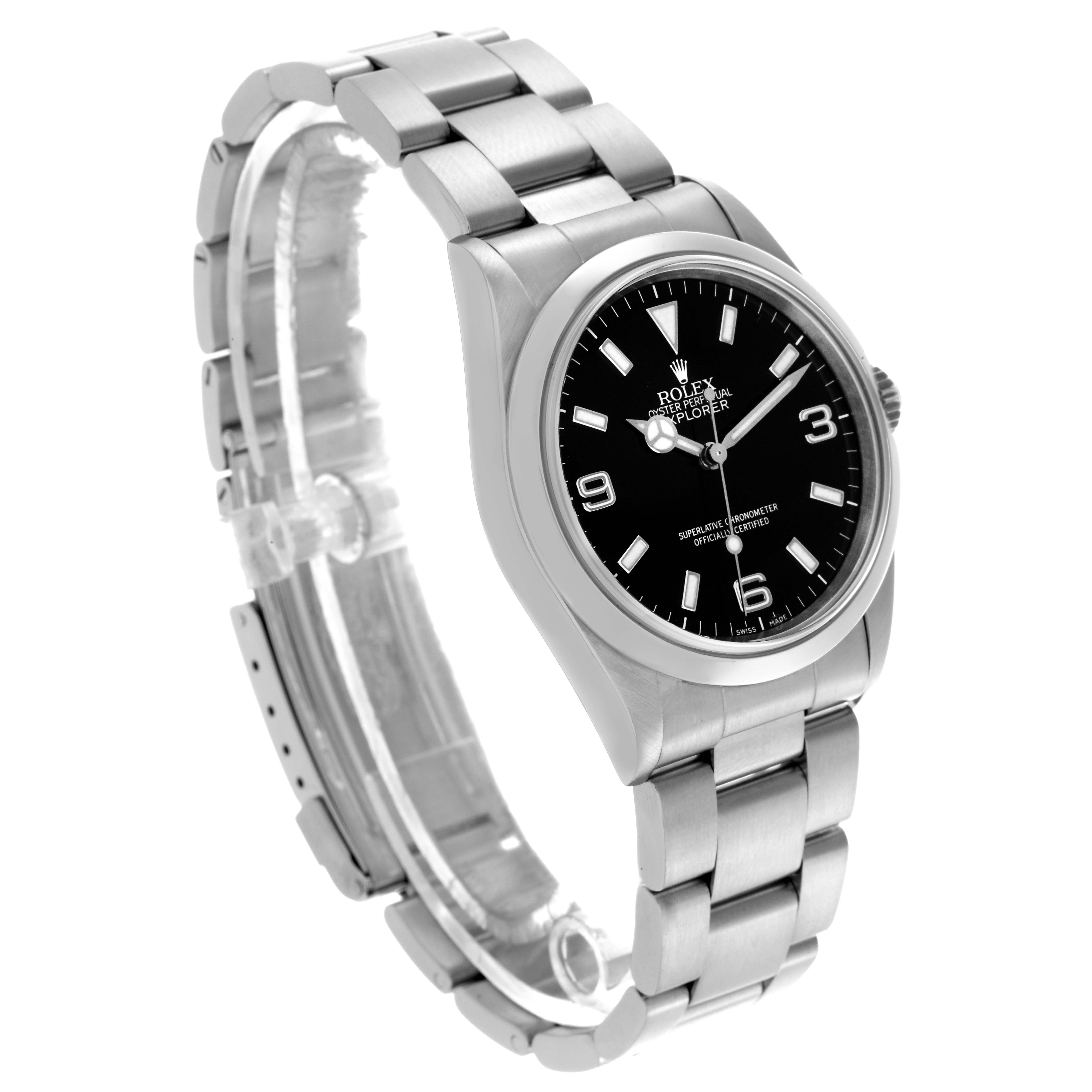 The Rolex Explorer 14270 Men
s Stainless Steel Black Dial 14270 Men
s Stainless Steel Black Dial watch is shown at a three-quarter angle, displaying the face, bezel, crown, and part of the bracelet.