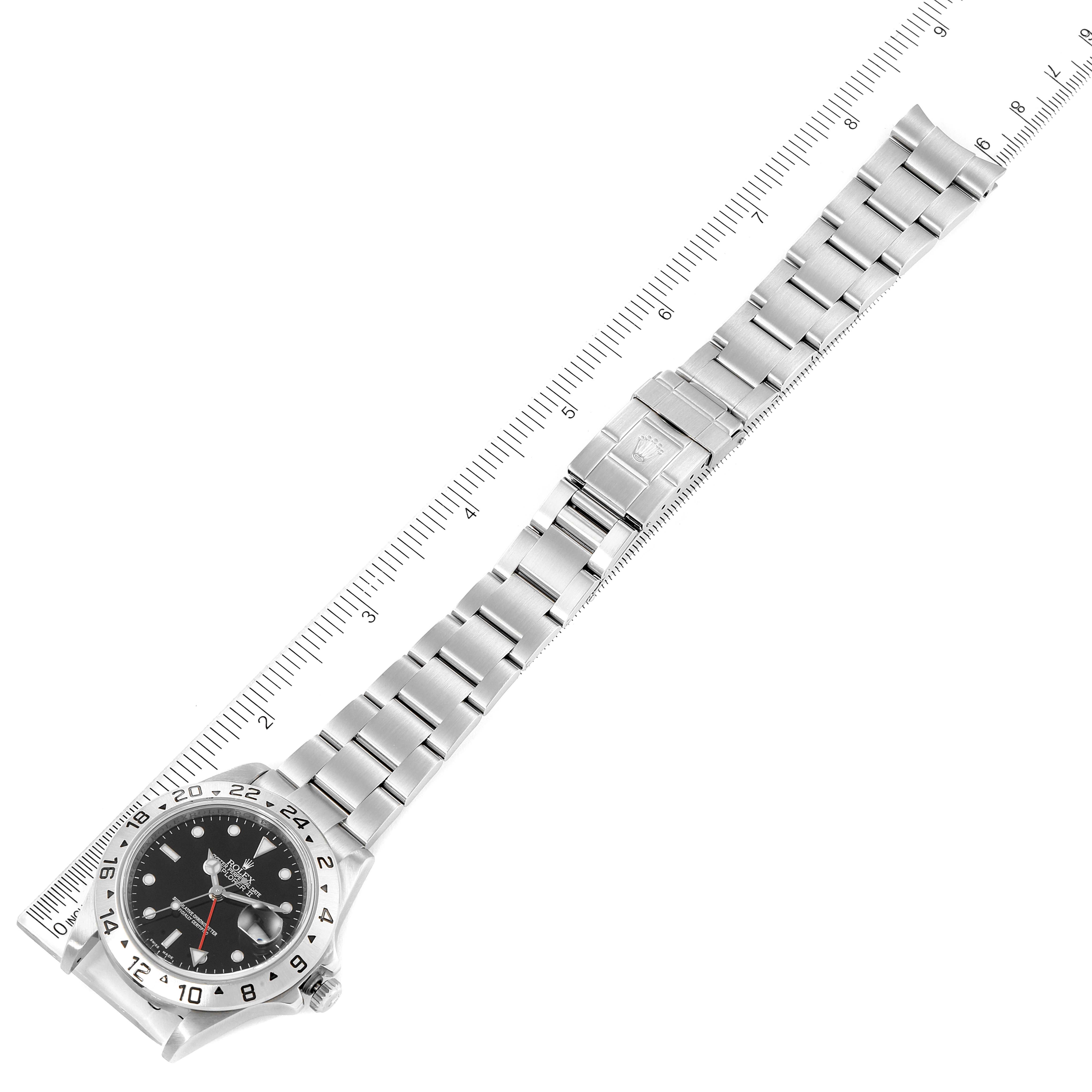 The image shows a top-down view of the Rolex Explorer 16570 Men's Stainless Steel Black Dial 16570 Men's Stainless Steel Black Dial watch, highlighting its face, bezel, and entire metal band.