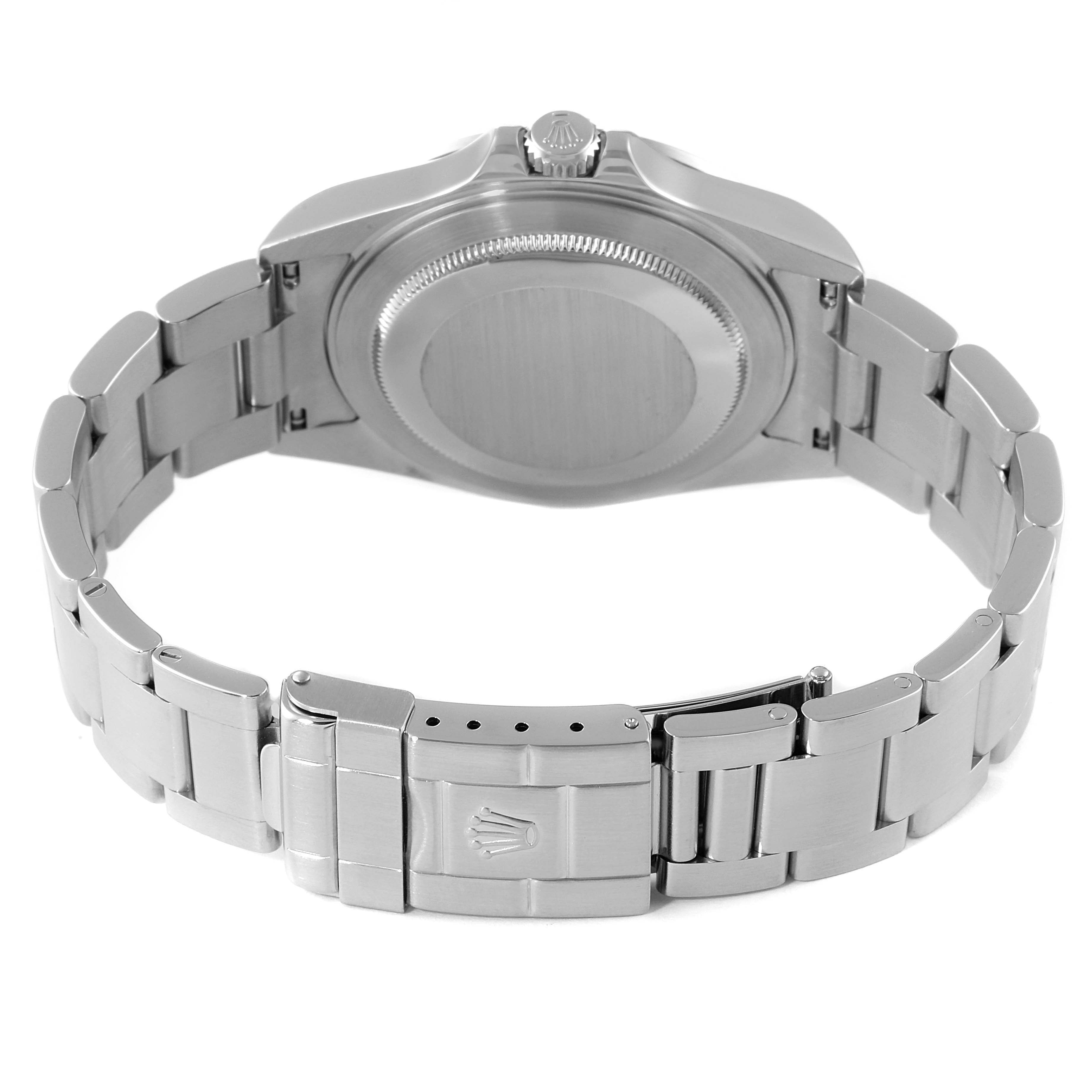 The image shows the back case and bracelet clasp of the Rolex Explorer 16570 Men's Stainless Steel Black Dial 16570 Men's Stainless Steel Black Dial model watch from a rear angle.