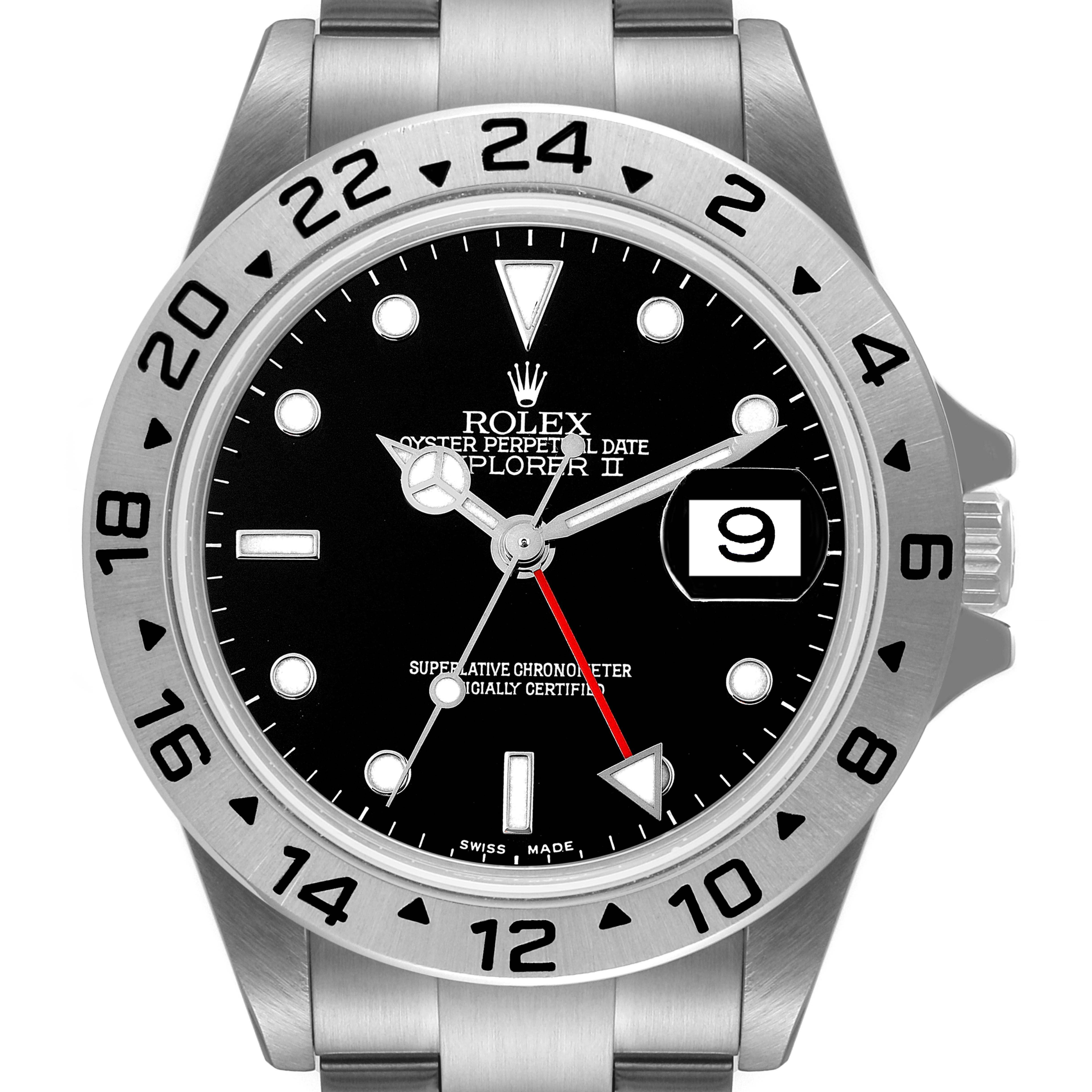This image shows a front view of the Rolex Explorer 16570 Men's Stainless Steel Black Dial 16570 Men's Stainless Steel Black Dial watch, highlighting the dial, bezel, and bracelet.