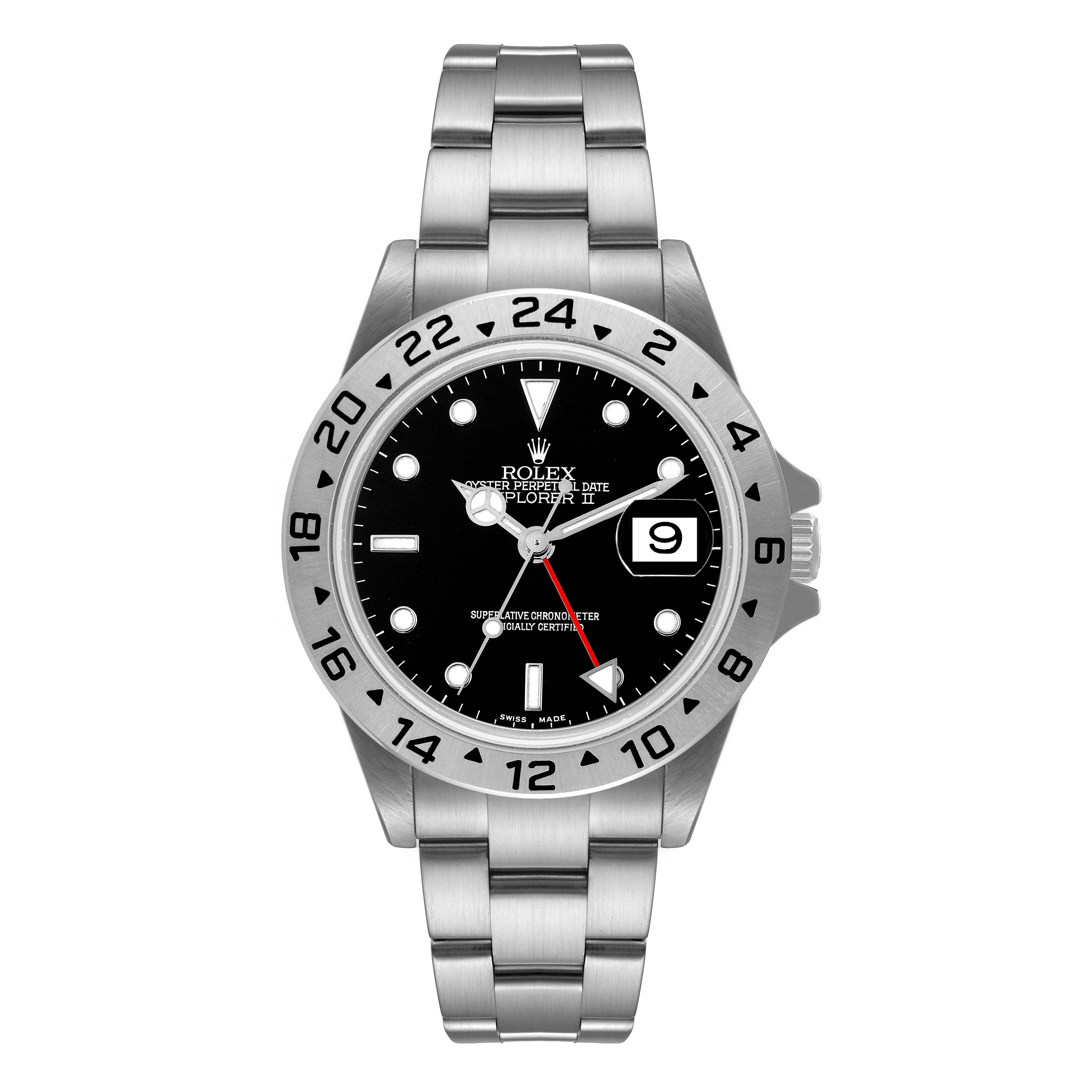 The image shows a front view of the Rolex Explorer 16570 Men's Stainless Steel Black Dial 16570 Men's Stainless Steel Black Dial watch, highlighting the dial, bezel, bracelet, and date window.