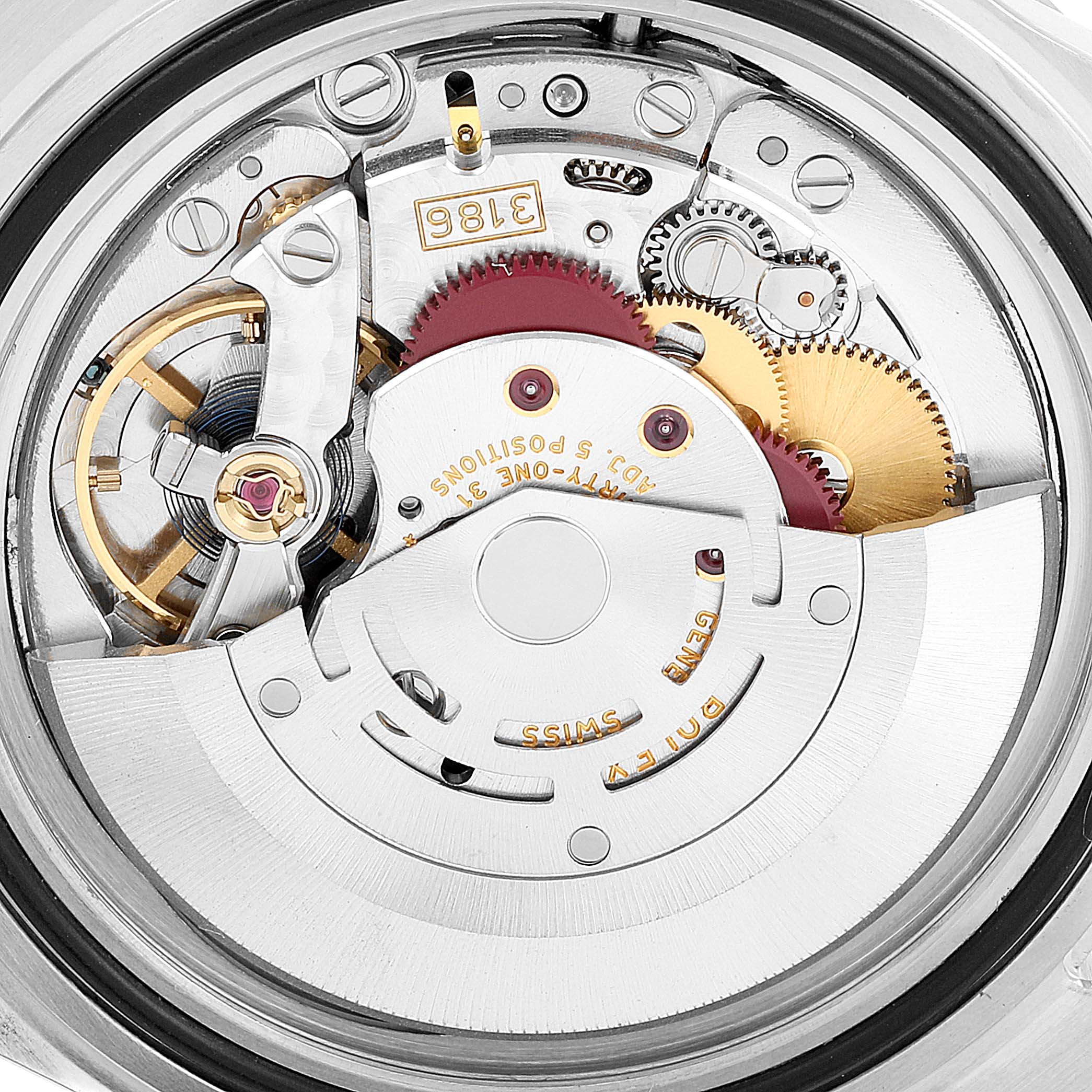 This image shows a close-up of the movement mechanism of a Rolex Explorer 16570 Men's Stainless Steel Black Dial 16570 Men's Stainless Steel Black Dial watch, highlighting its intricate gears and components.