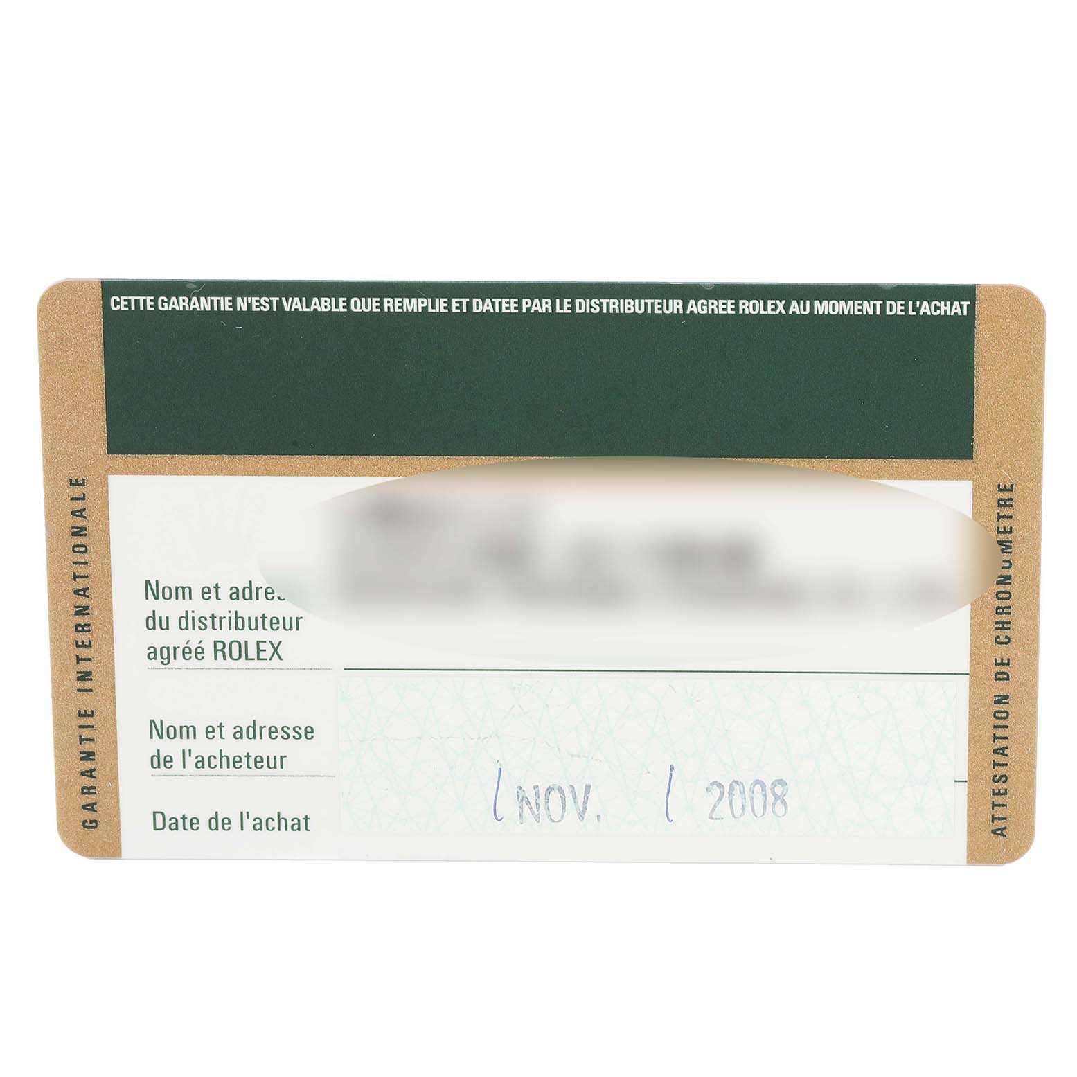 The image shows an official warranty card for a Rolex Explorer 16570 Men's Stainless Steel Black Dial 16570 Men's Stainless Steel Black Dial watch, partially blurred for privacy.