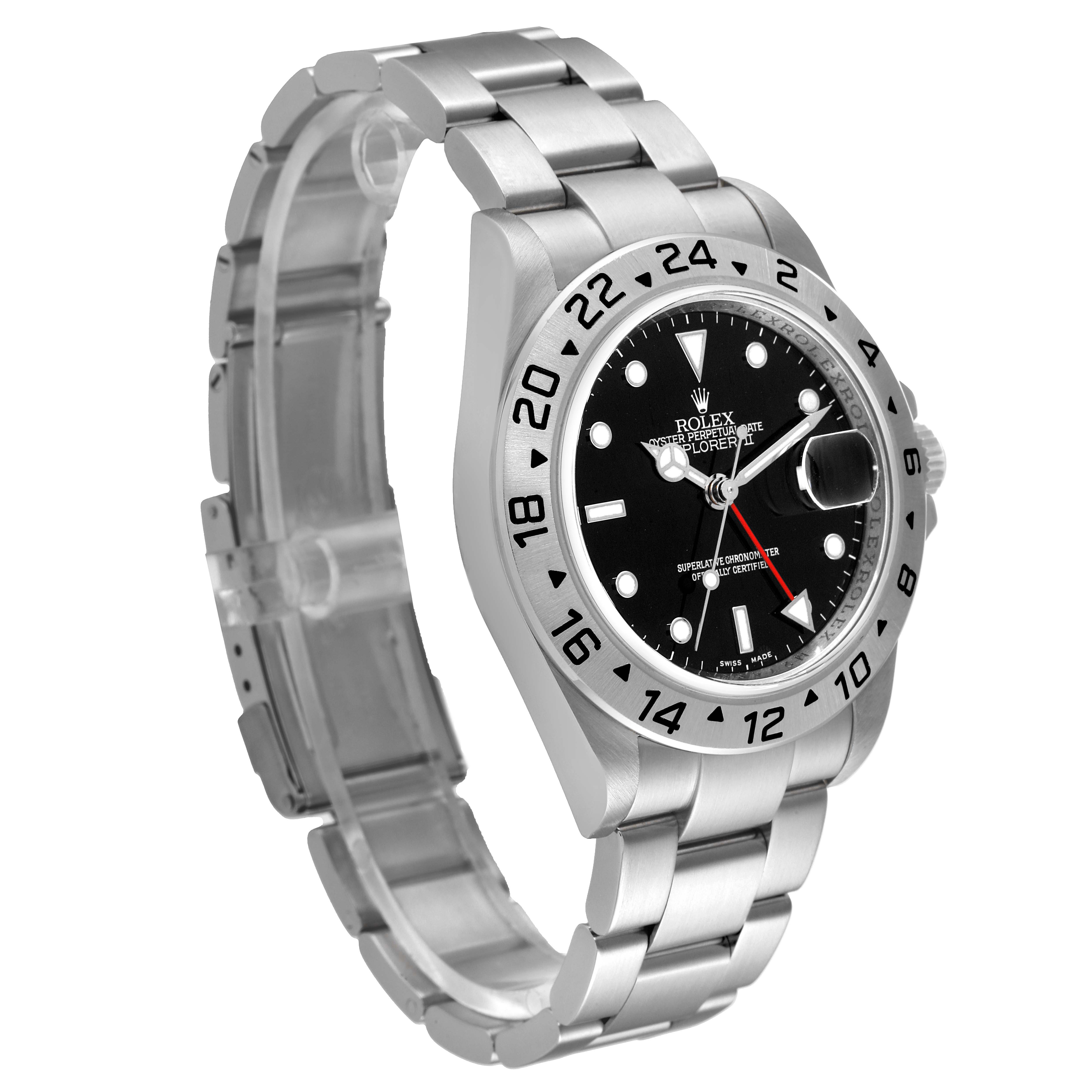 The image shows a side angle view of a Rolex Explorer 16570 Men's Stainless Steel Black Dial 16570 Men's Stainless Steel Black Dial model, highlighting the bracelet, bezel, and face.