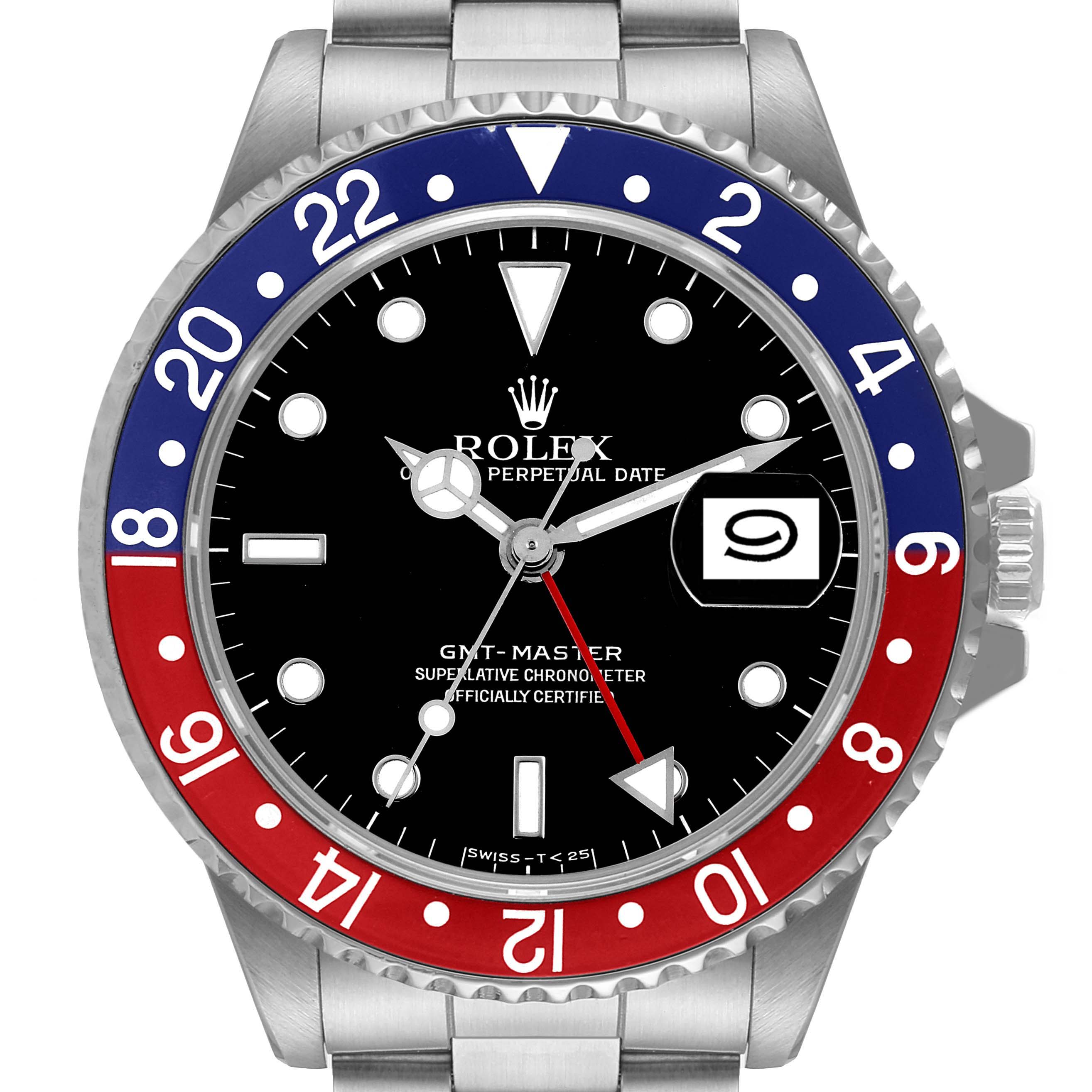 The image shows a front view of a Rolex GMT-Master 16700 Men's Stainless Steel Black Dial 16700 Men's Stainless Steel Black Dial watch, highlighting its bezel, dial, hands, and date display.