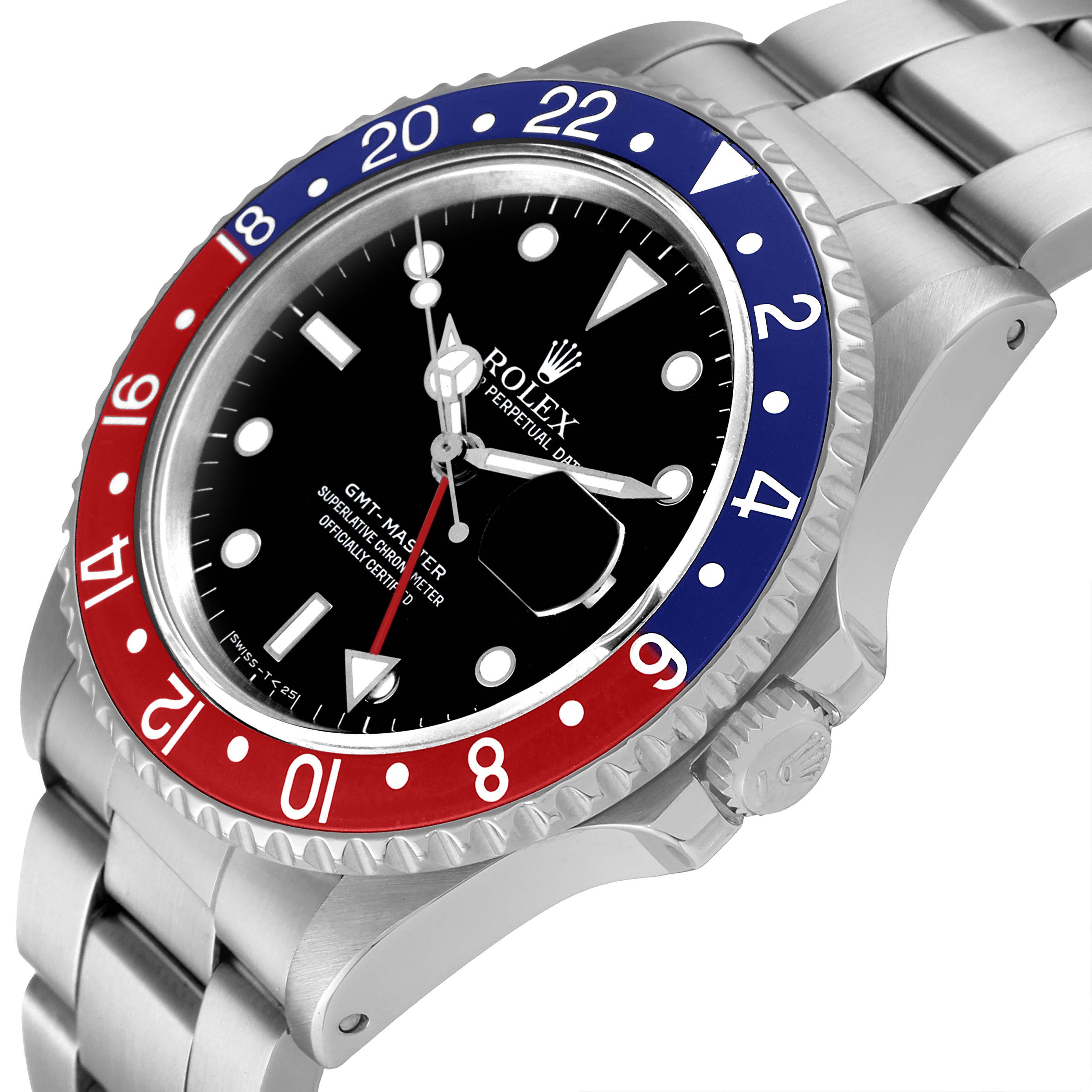 The image shows a side angle of a Rolex GMT-Master 16700 Men's Stainless Steel Black Dial 16700 Men's Stainless Steel Black Dial watch, highlighting its bezel, dial, crown, and bracelet.