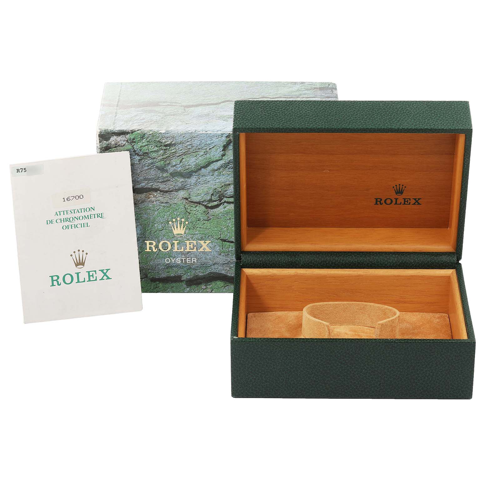 The image shows the open box and authentication booklet of a Rolex GMT-Master 16700 Men's Stainless Steel Black Dial 16700 Men's Stainless Steel Black Dial watch.