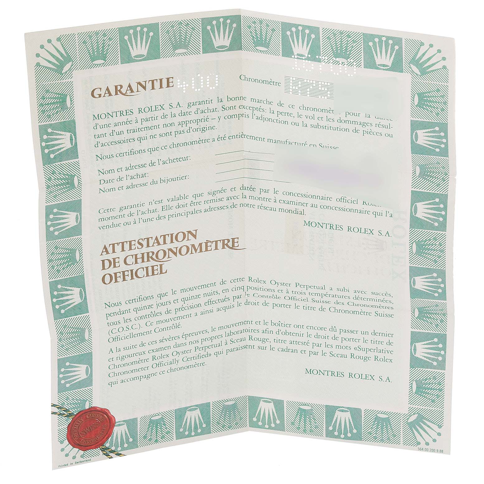 The image shows a warranty certificate and chronometer certification for the Rolex GMT-Master 16700 Men's Stainless Steel Black Dial 16700 Men's Stainless Steel Black Dial watch.