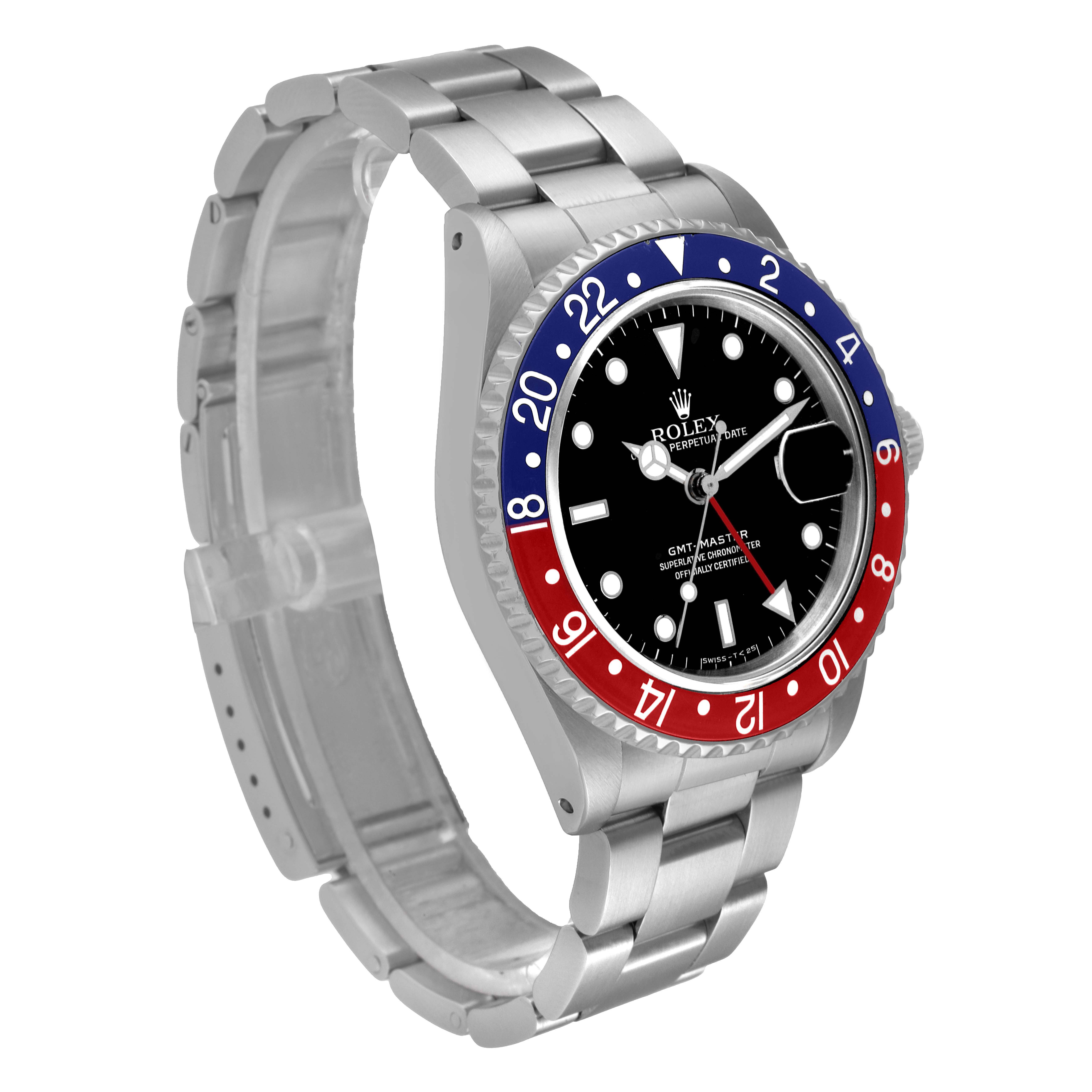 The image shows a side angle of a Rolex GMT-Master 16700 Men's Stainless Steel Black Dial 16700 Men's Stainless Steel Black Dial watch, highlighting the bezel, dial, and part of the bracelet.