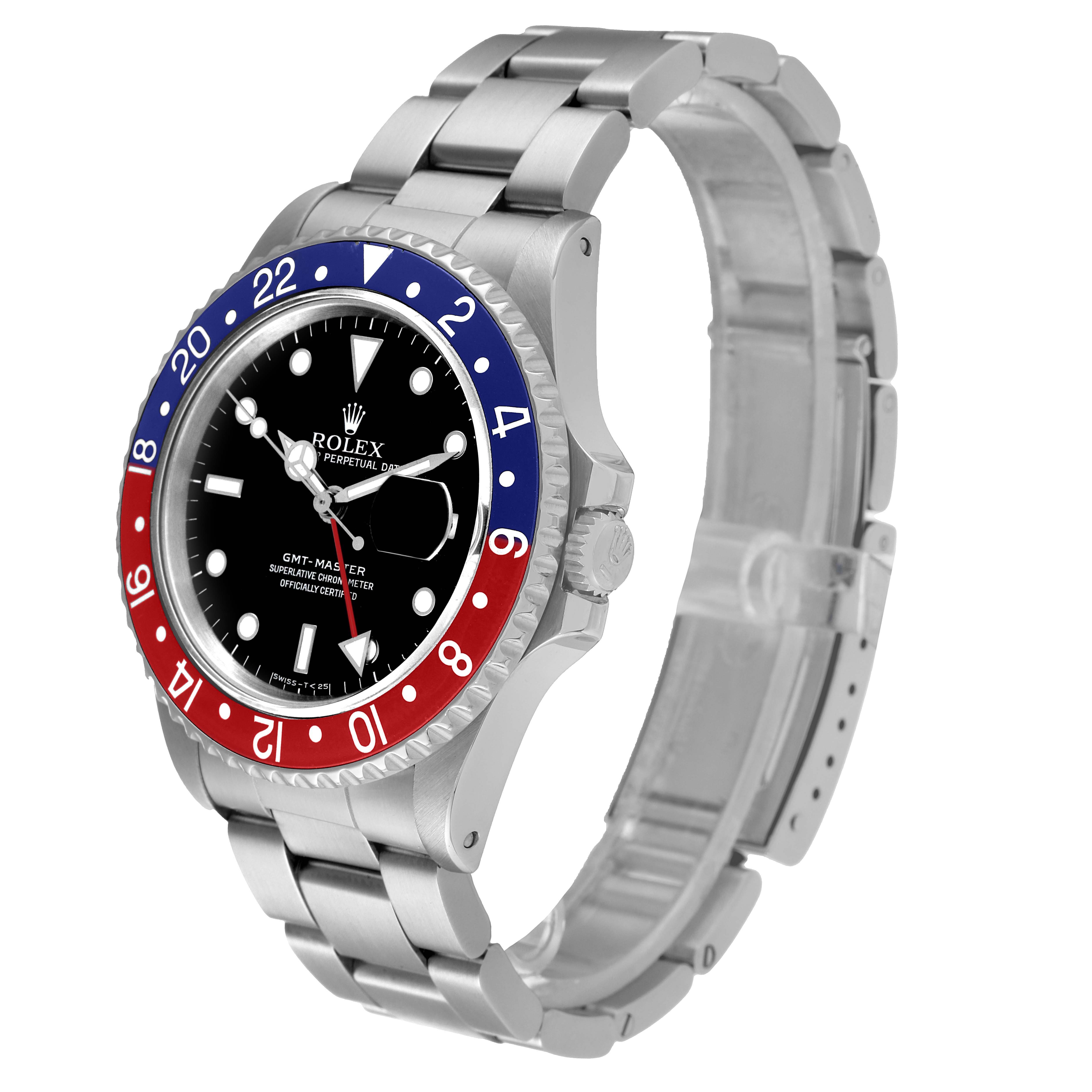 The Rolex GMT-Master 16700 Men's Stainless Steel Black Dial 16700 Men's Stainless Steel Black Dial watch is shown at an angle highlighting the face, bezel, and stainless steel bracelet.