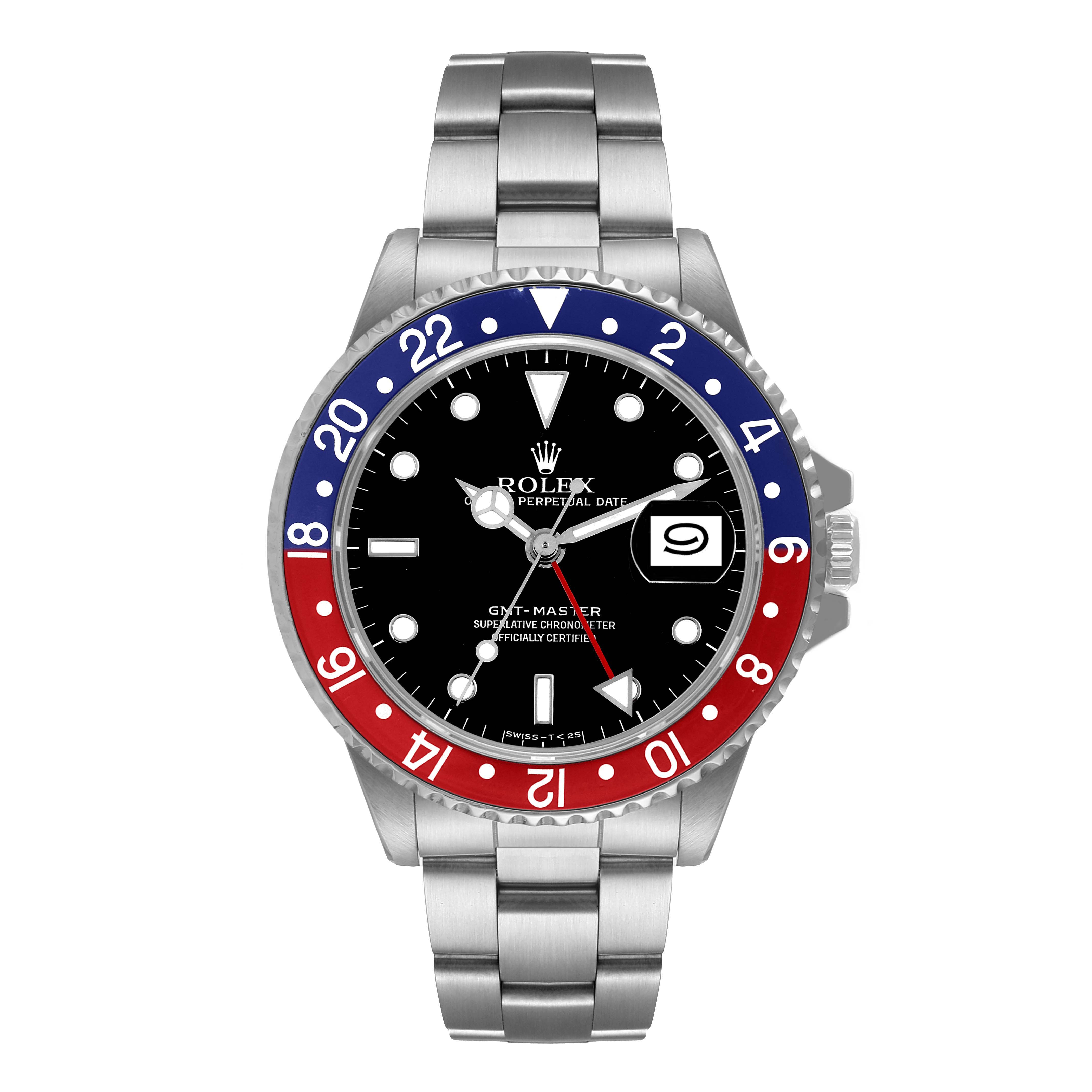 This image shows a front view of a Rolex GMT-Master 16700 Men's Stainless Steel Black Dial 16700 Men's Stainless Steel Black Dial watch, highlighting the face, bezel, and bracelet.