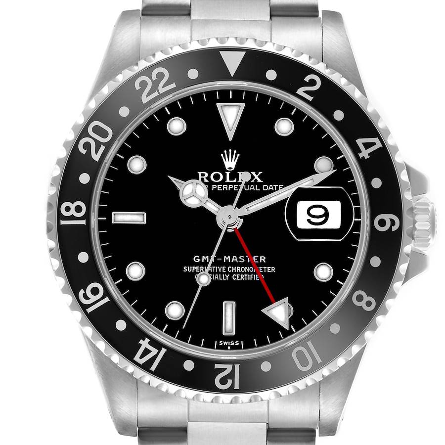 The Rolex GMT-Master watch is shown from a front angle, highlighting the bezel, dial, and bracelet.