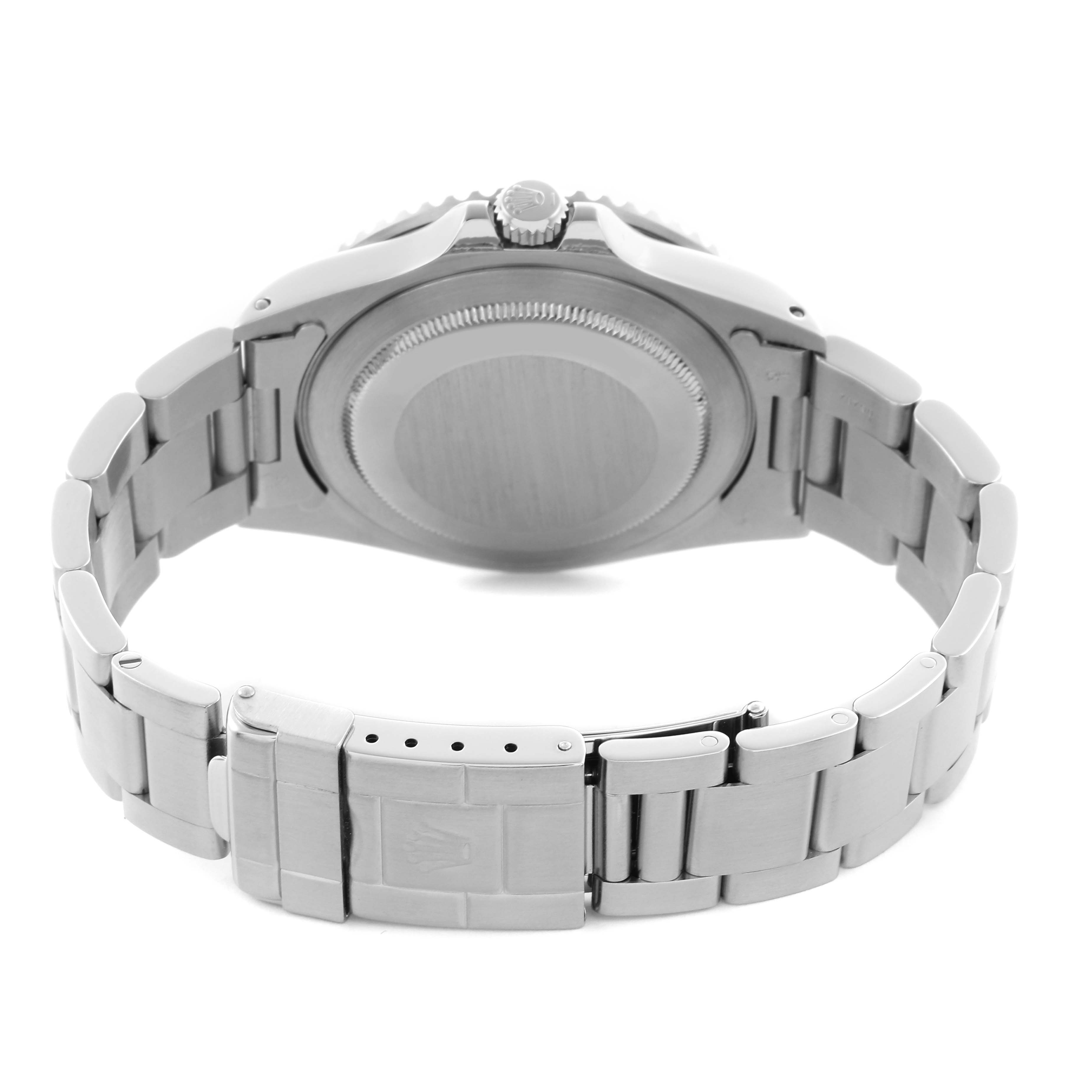 The image shows the back of a Rolex GMT-Master 16700 Men
s Stainless Steel Black Dial 16700 Men
s Stainless Steel Black Dial, highlighting the case back, bracelet, and clasp.