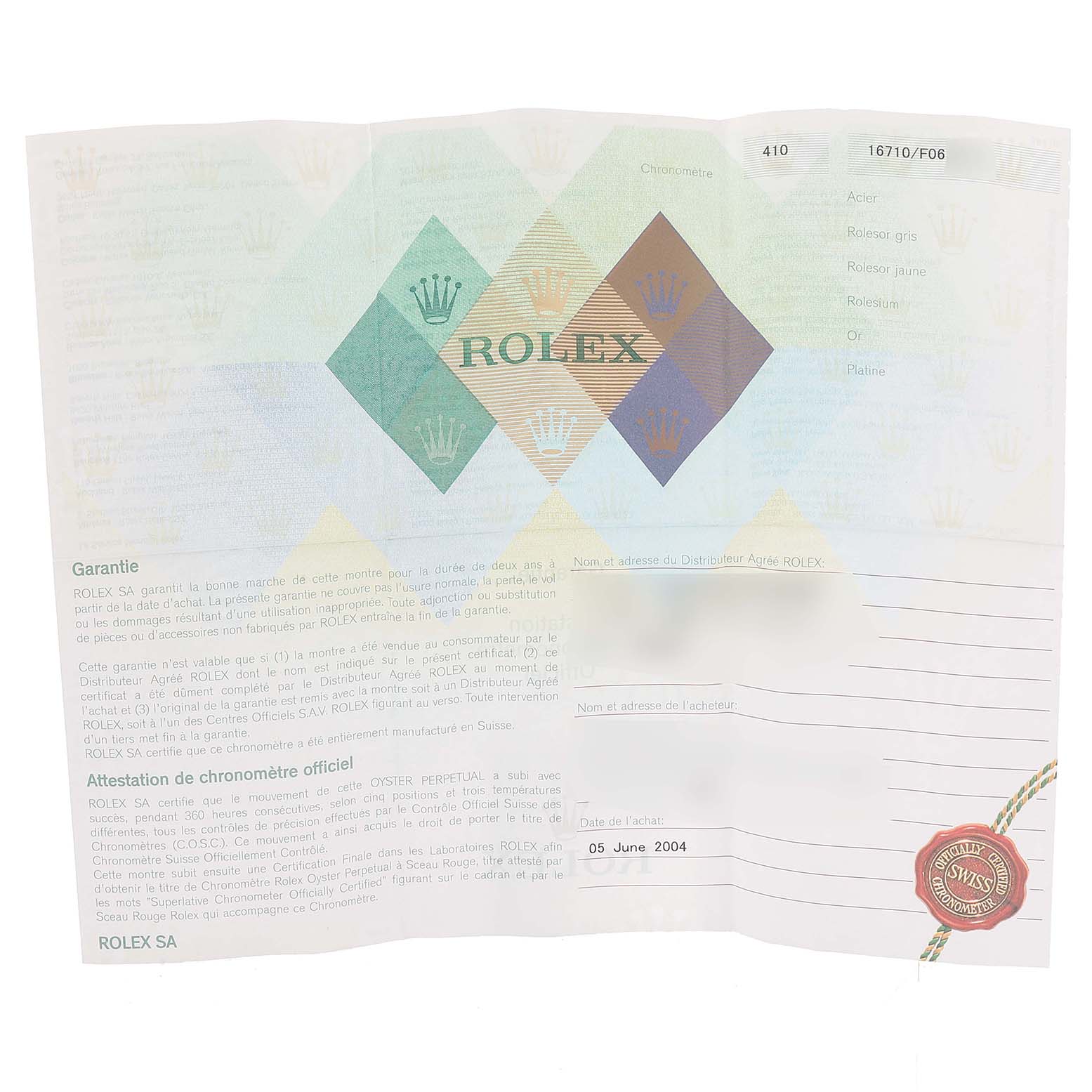 This image shows the warranty and chronometer certification paperwork for the Rolex GMT-Master 16710 Men
s Stainless Steel Black Dial 16710 Men
s Stainless Steel Black Dial model watch.
