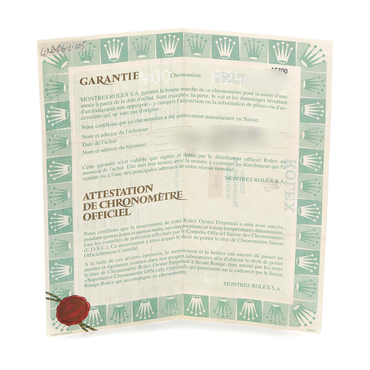 This image shows the warranty and chronometer certificate for a Rolex GMT-Master 16700 Men
s Stainless Steel Black Dial 16700 Men
s Stainless Steel Black Dial watch.