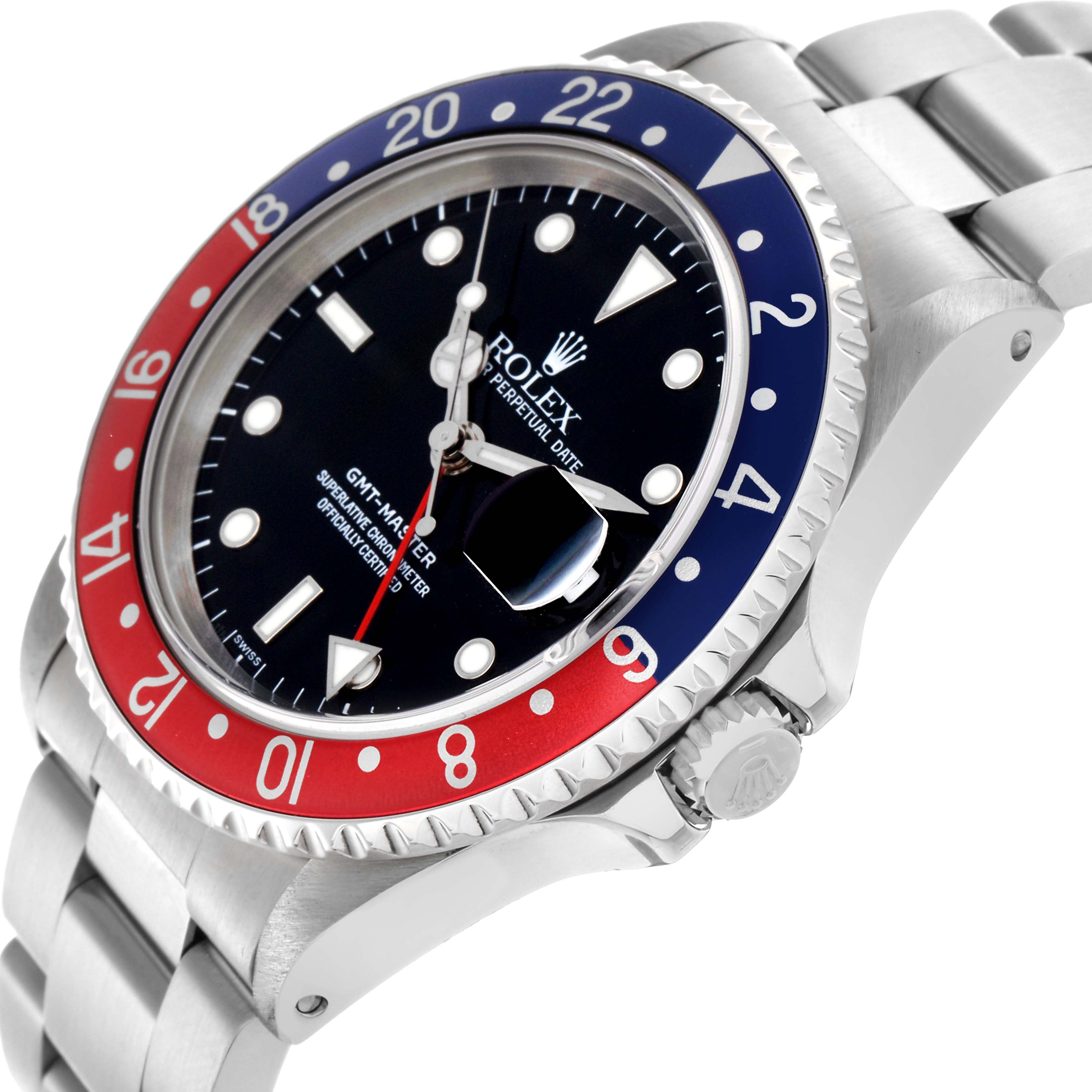 The Rolex GMT-Master 16700 Men
s Stainless Steel Black Dial 16700 Men
s Stainless Steel Black Dial watch is shown at a moderate tilt, highlighting the bezel, crown, dial, and bracelet.