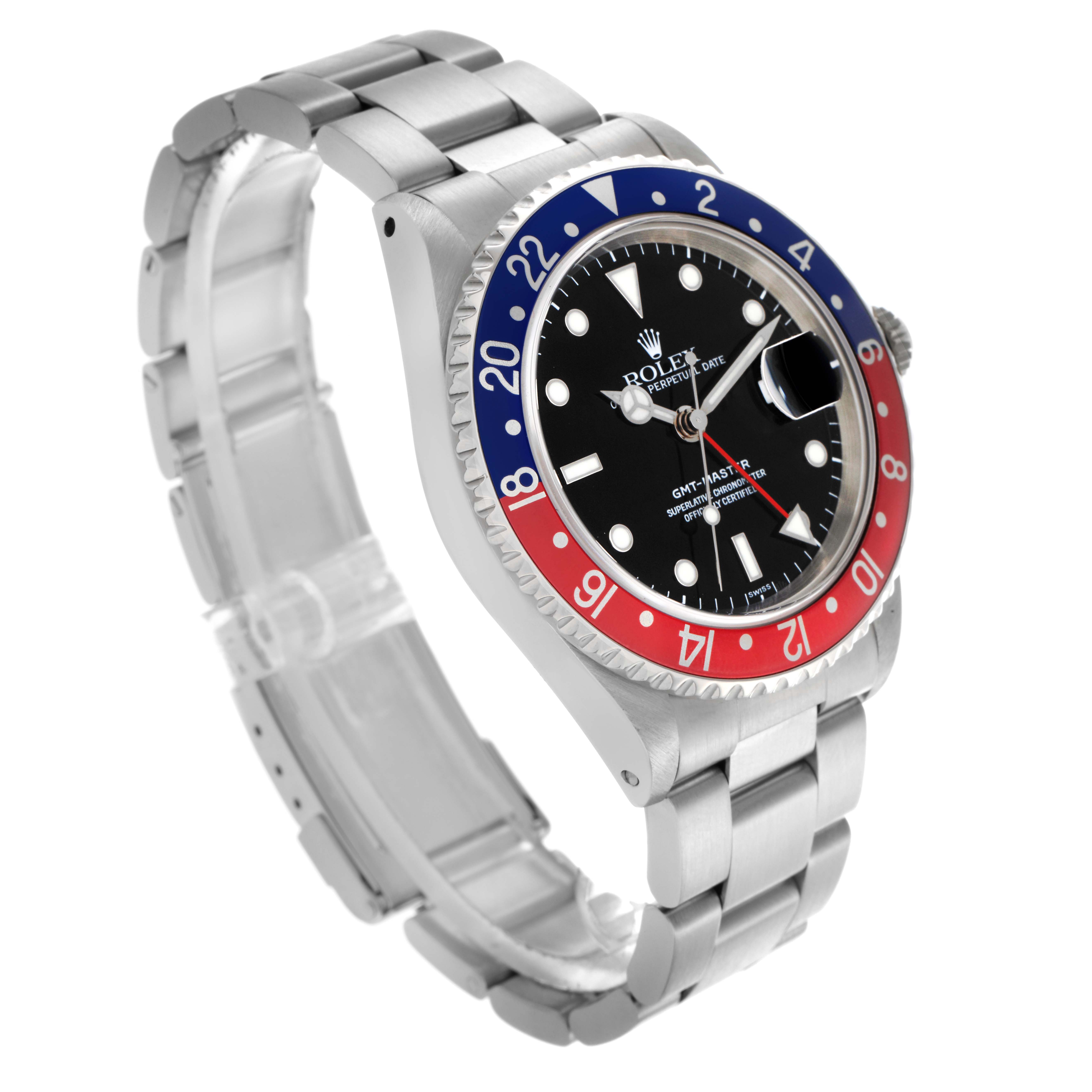 The Rolex GMT-Master 16700 Men
s Stainless Steel Black Dial 16700 Men
s Stainless Steel Black Dial watch is shown at an angle highlighting the face, bezel, case, and bracelet.