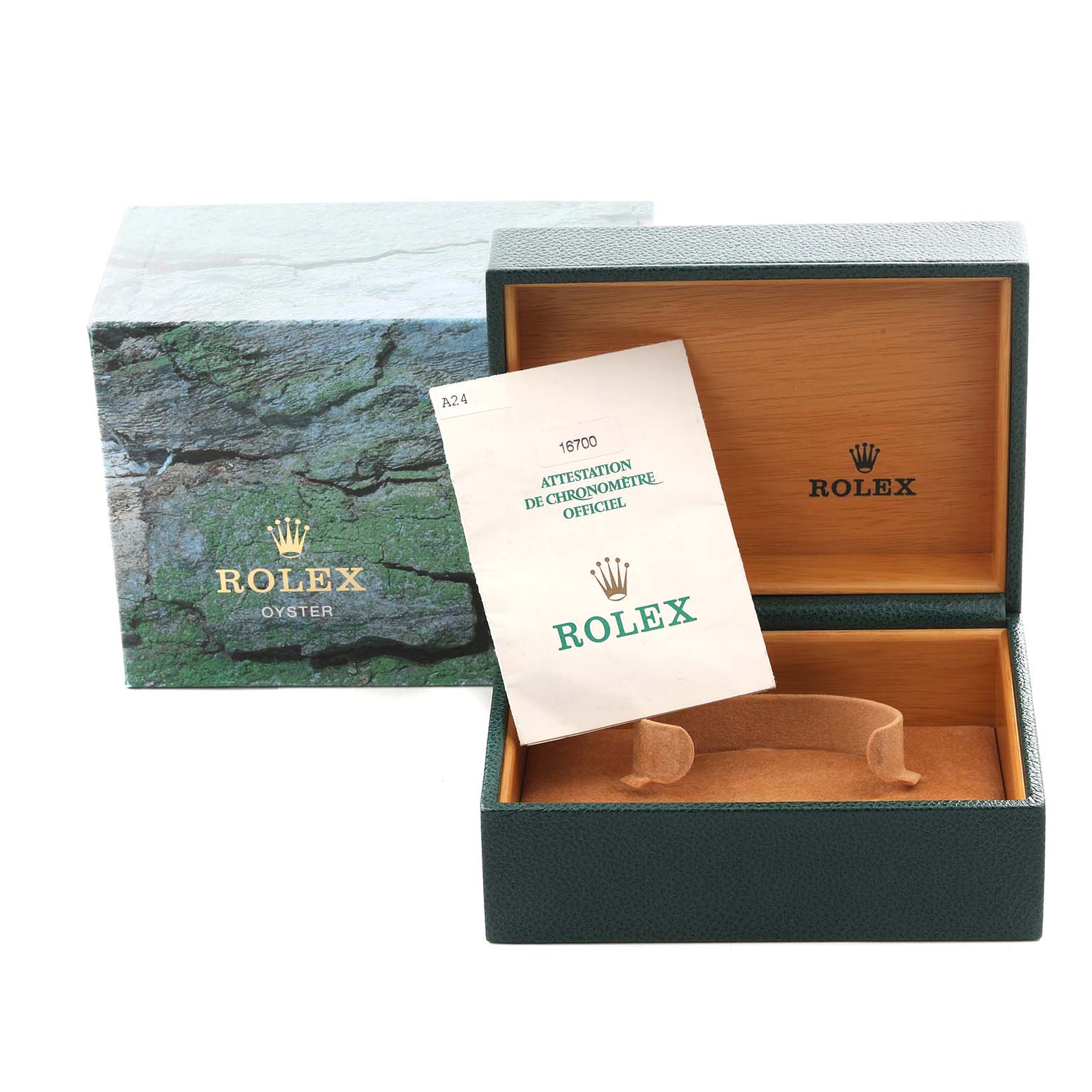 The image shows a Rolex GMT-Master 16700 Men
s Stainless Steel Black Dial 16700 Men
s Stainless Steel Black Dial box set with an open green box, outer box, and certificate, viewed from the front.