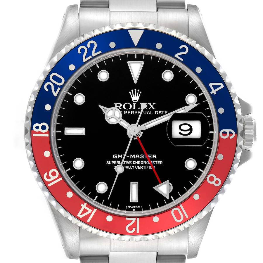 The Rolex GMT-Master watch is shown from a front angle, displaying its bezel, dial, hands, and date window.