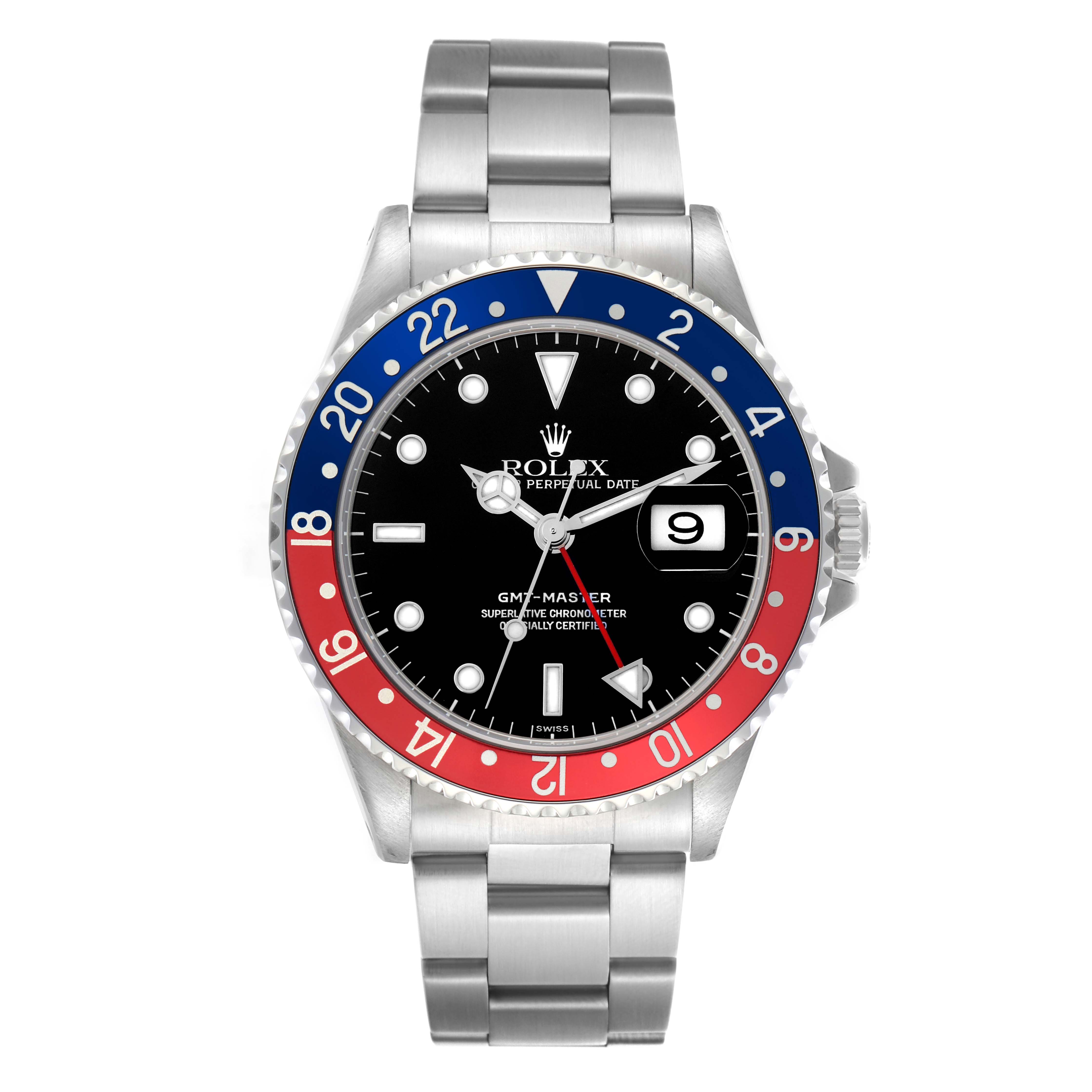 The image shows a front view of the Rolex GMT-Master 16700 Men
s Stainless Steel Black Dial 16700 Men
s Stainless Steel Black Dial watch with a red and blue bezel and stainless steel bracelet.