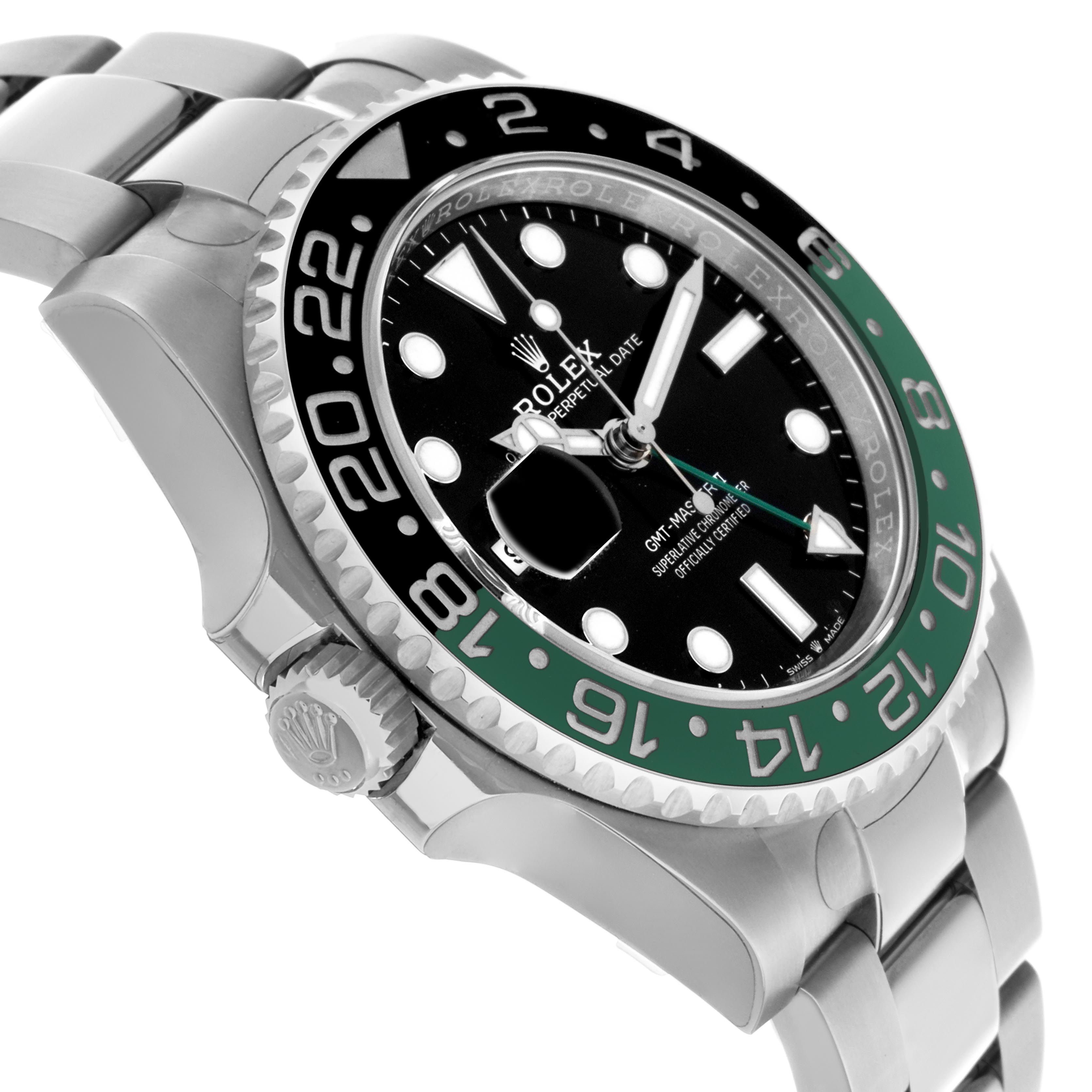 The Rolex GMT-Master 126720VTNR Men
s Stainless Steel Black Dial 126720VTNR Men
s Stainless Steel Black Dial watch is shown at an angle highlighting the bezel, crown, and bracelet with a partial side view.