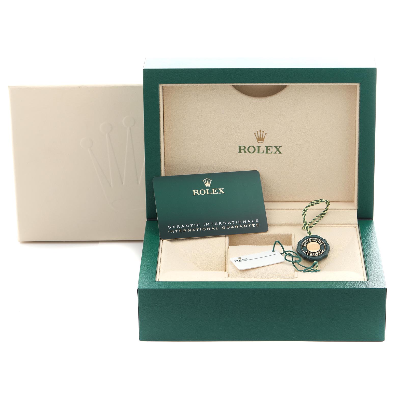 The image shows the open box, warranty card, and tags for a Rolex GMT-Master 126720VTNR Men
s Stainless Steel Black Dial 126720VTNR Men
s Stainless Steel Black Dial watch, viewed from the front.