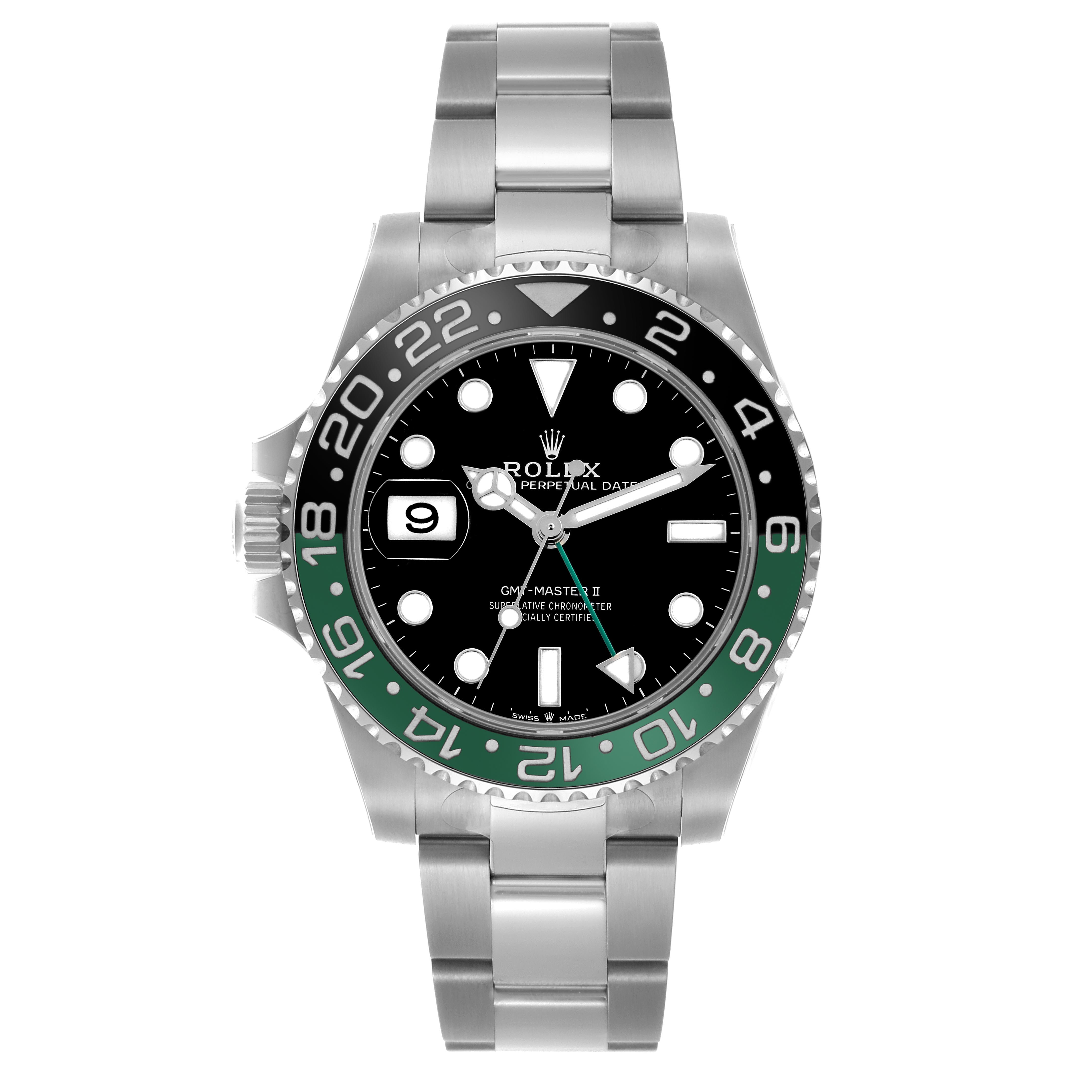 The Rolex GMT-Master 126720VTNR Men
s Stainless Steel Black Dial 126720VTNR Men
s Stainless Steel Black Dial watch is shown from the front, displaying the dial, bezel, and part of the bracelet.