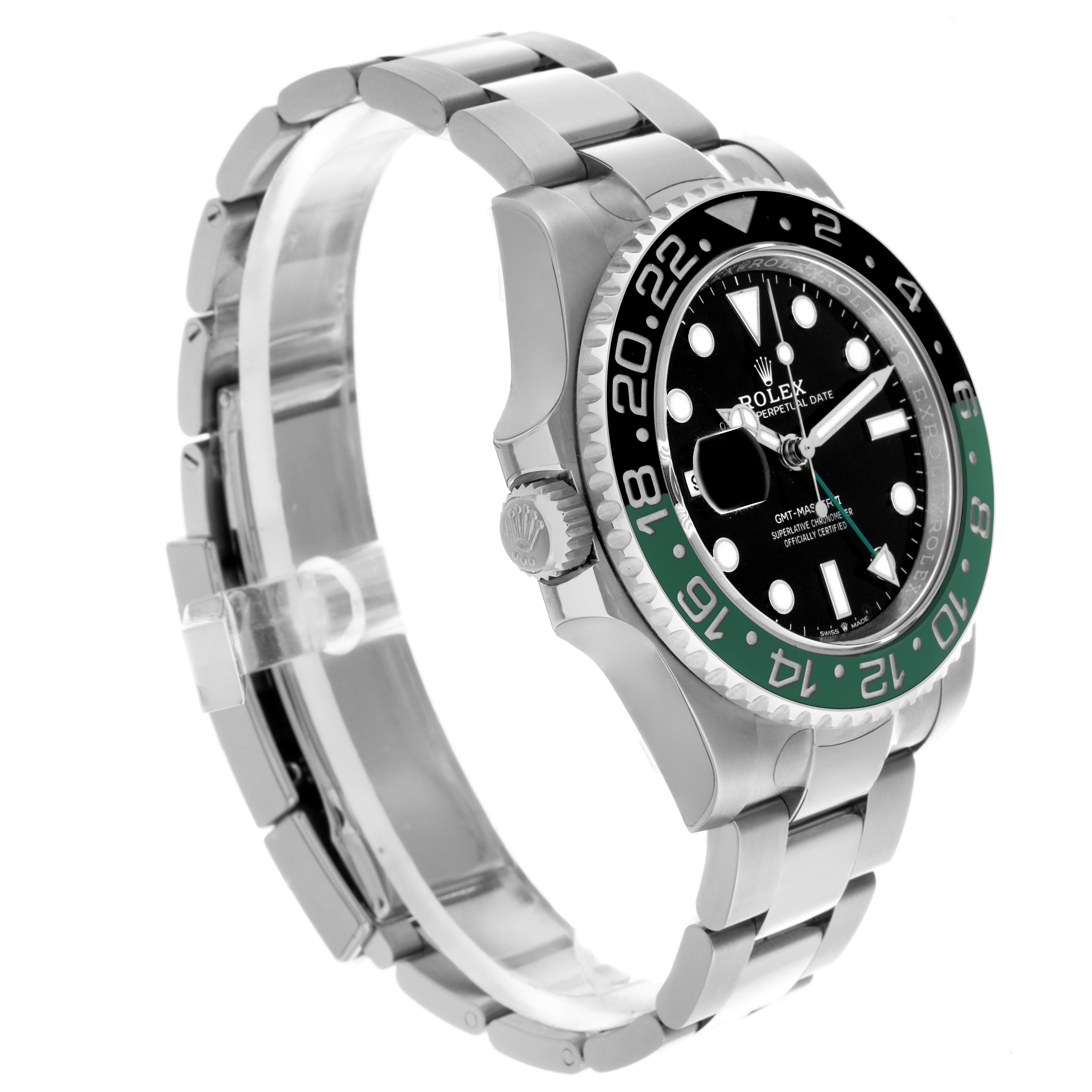 The Rolex GMT-Master 126720VTNR Men
s Stainless Steel Black Dial 126720VTNR Men
s Stainless Steel Black Dial watch is shown in a side angle, displaying the bracelet, bezel, dial, and crown.