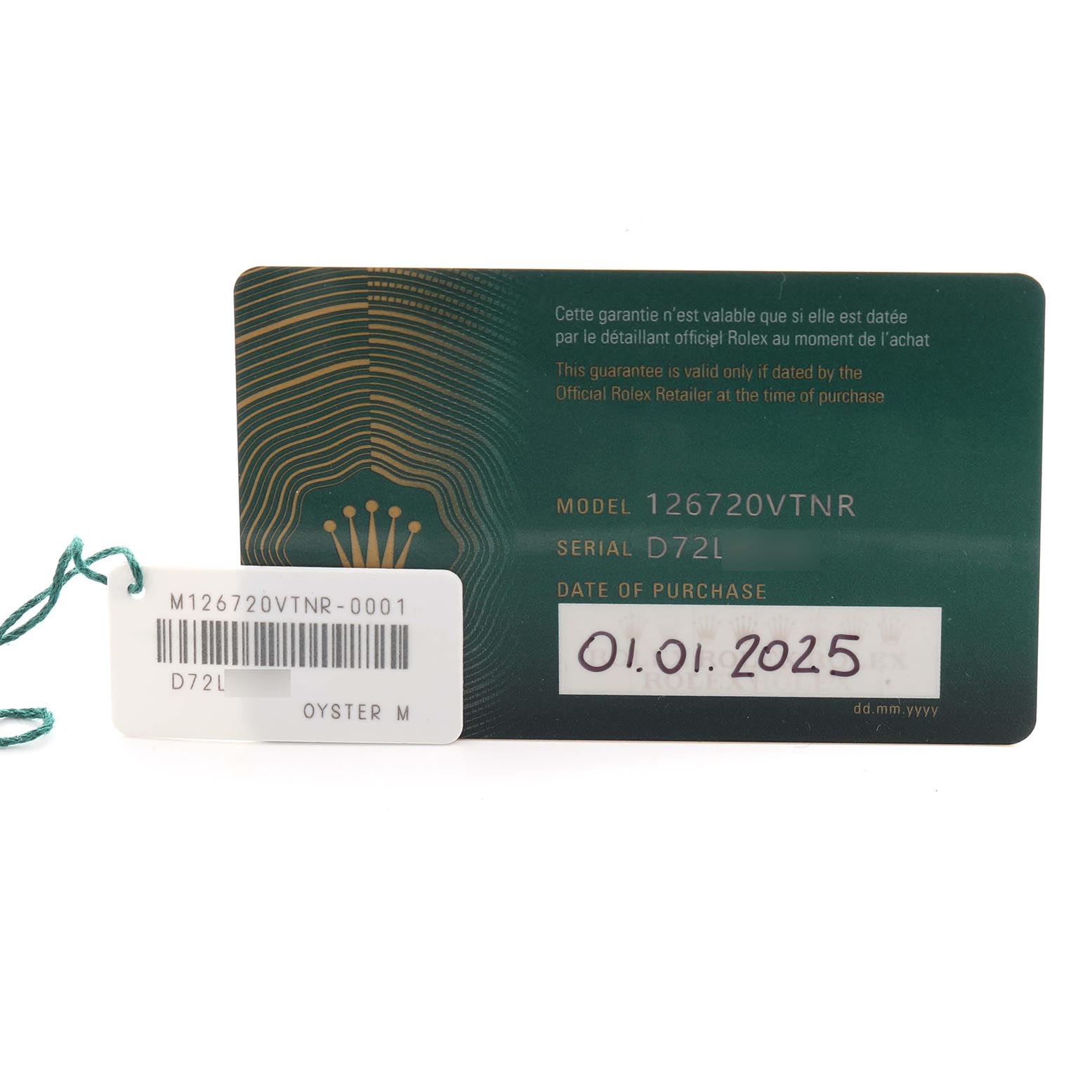 The image shows a warranty card for the Rolex GMT-Master 126720VTNR Men
s Stainless Steel Black Dial 126720VTNR Men
s Stainless Steel Black Dial model 126720VTNR, along with a barcode tag.