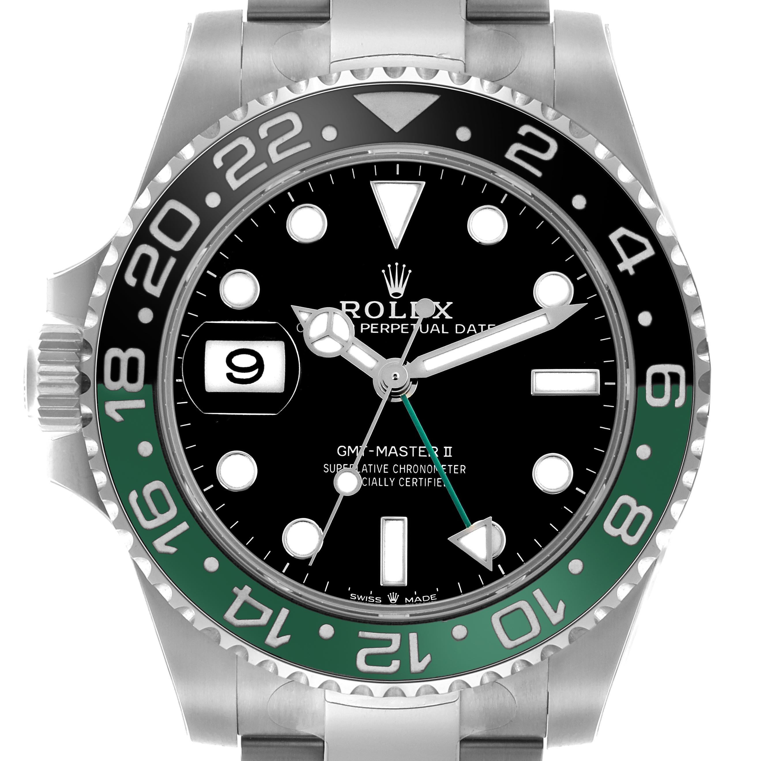 The Rolex GMT-Master 126720VTNR Men
s Stainless Steel Black Dial 126720VTNR Men
s Stainless Steel Black Dial II watch is shown from the front, displaying the bezel, dial, and part of the bracelet.