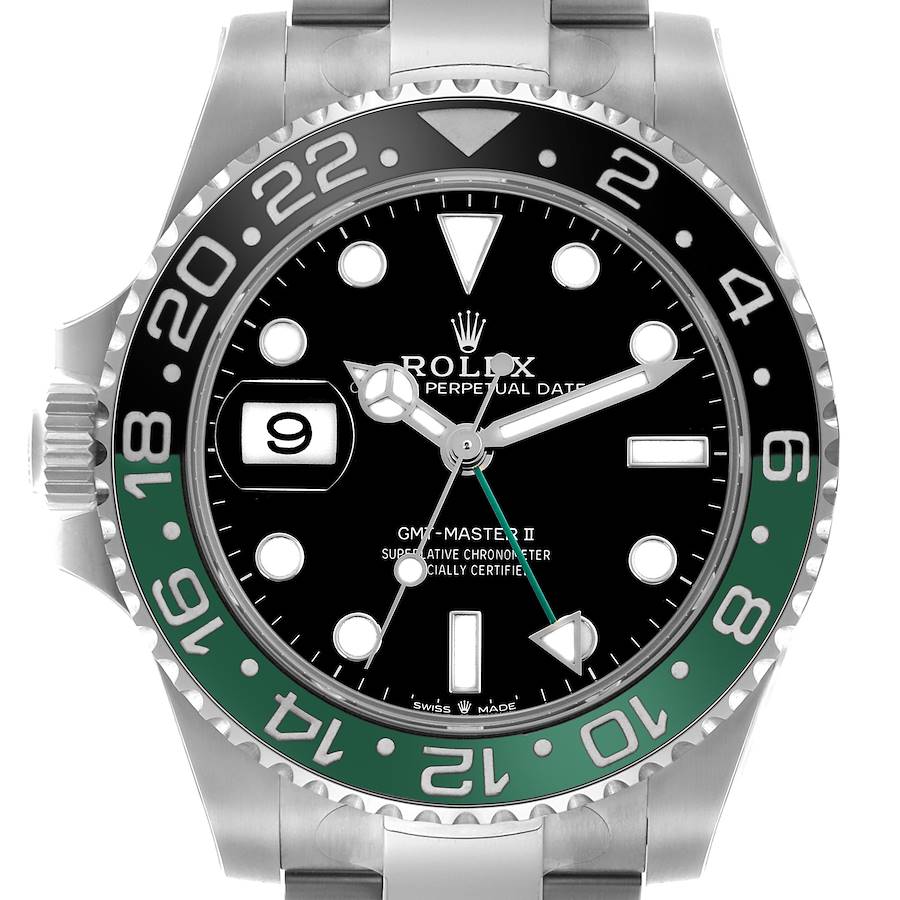 The Rolex GMT-Master II watch is shown from the front, displaying the bezel, dial, and part of the bracelet.
