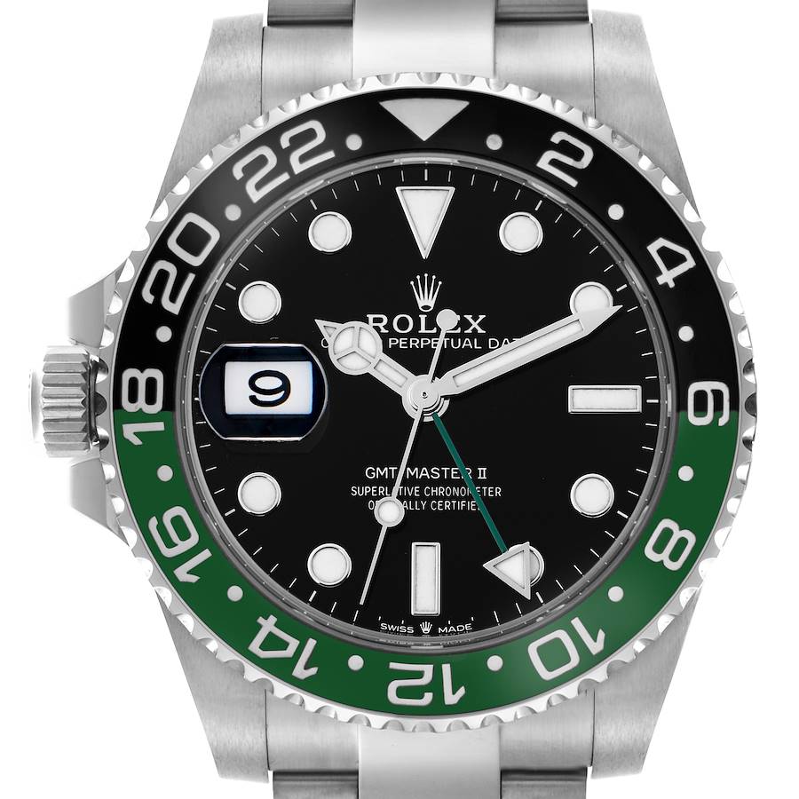 The Rolex GMT-Master II watch is shown from a front angle, displaying the black dial, green bezel, and date window.