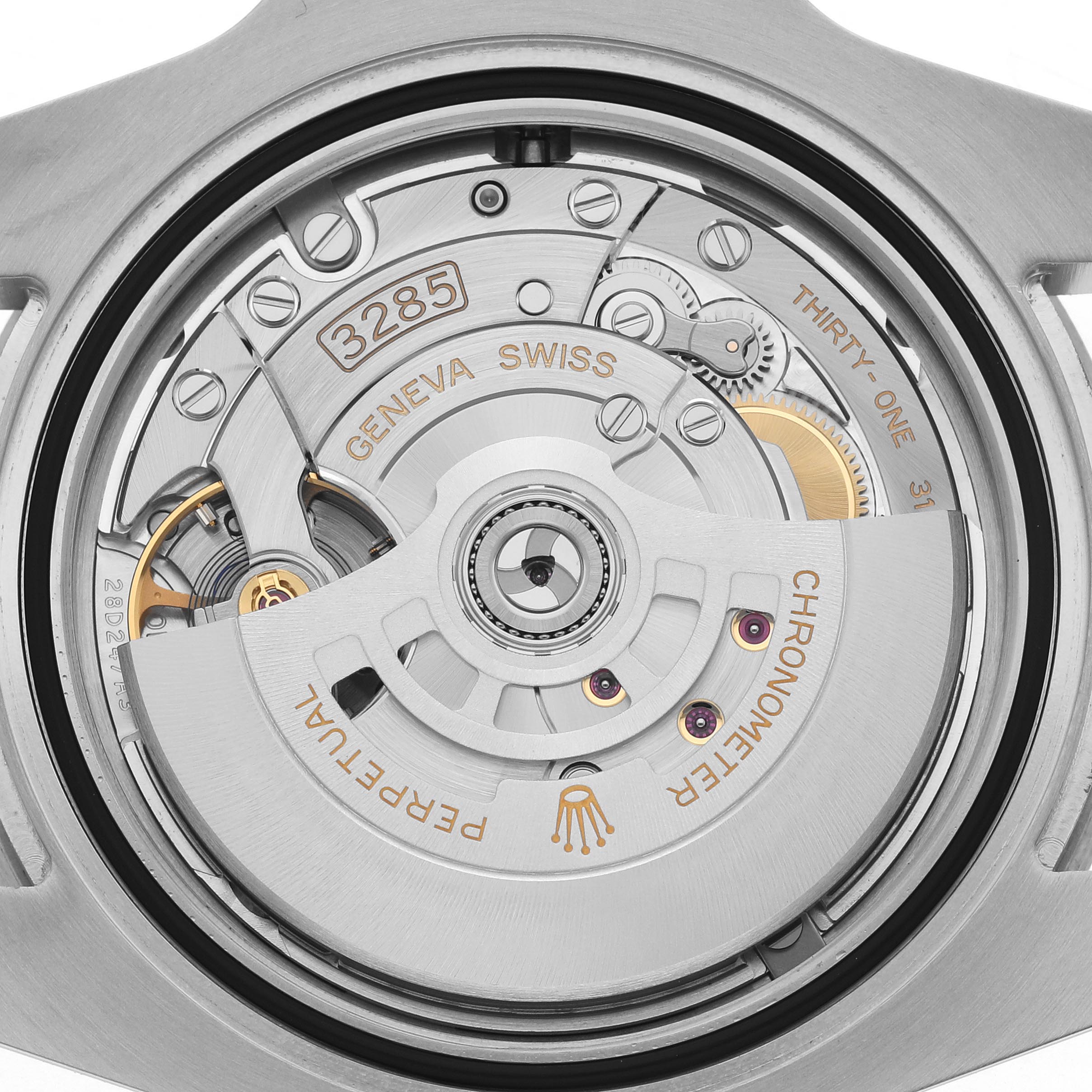 The image shows the movement of a Rolex GMT-Master 126720VTNR Men
s Stainless Steel Black Dial 126720VTNR Men
s Stainless Steel Black Dial, focusing on the intricate inner mechanics and rotor.