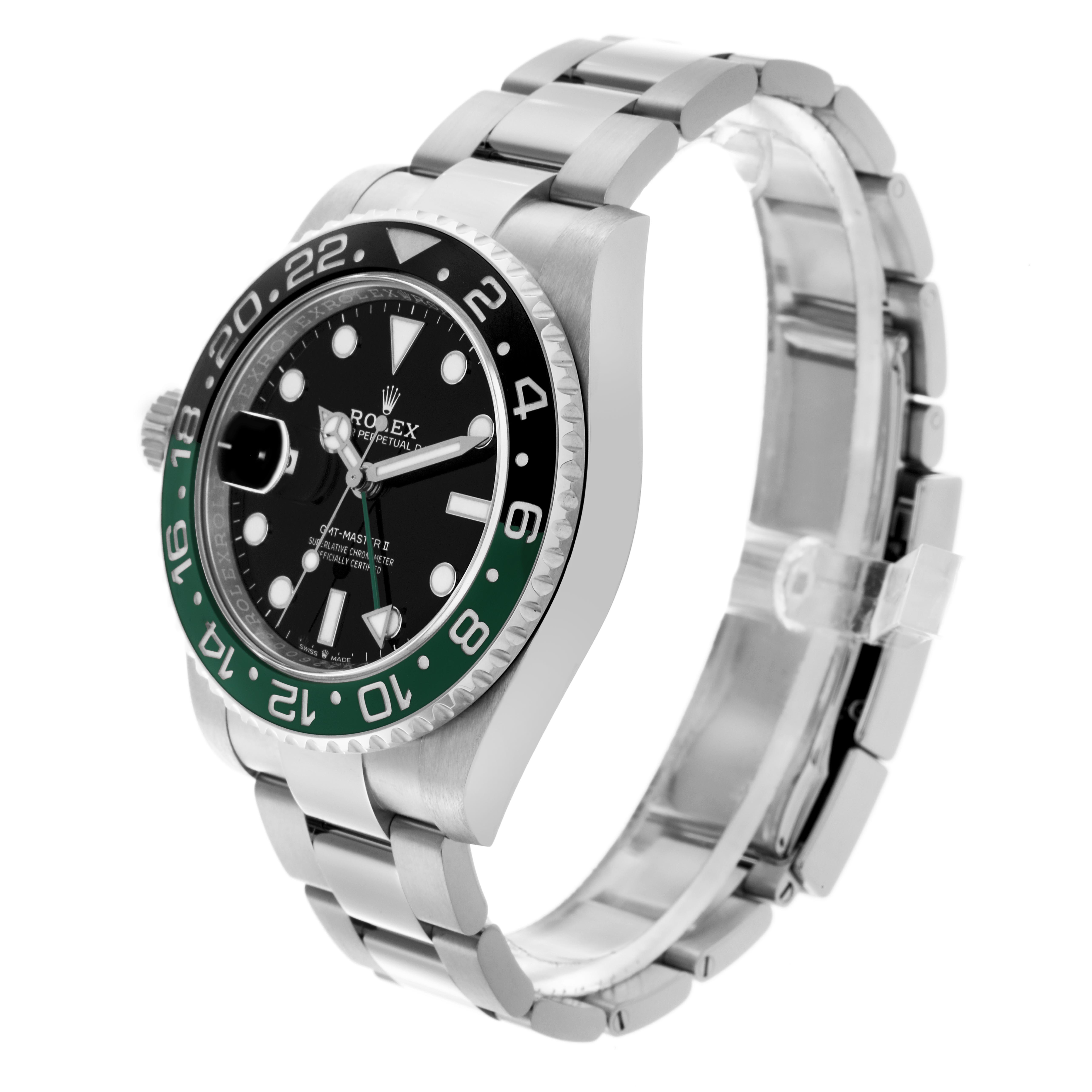 The Rolex GMT-Master 126720VTNR Men
s Stainless Steel Black Dial 126720VTNR Men
s Stainless Steel Black Dial watch is shown at a slight side angle, displaying the bezel, dial, crown, and bracelet clearly.