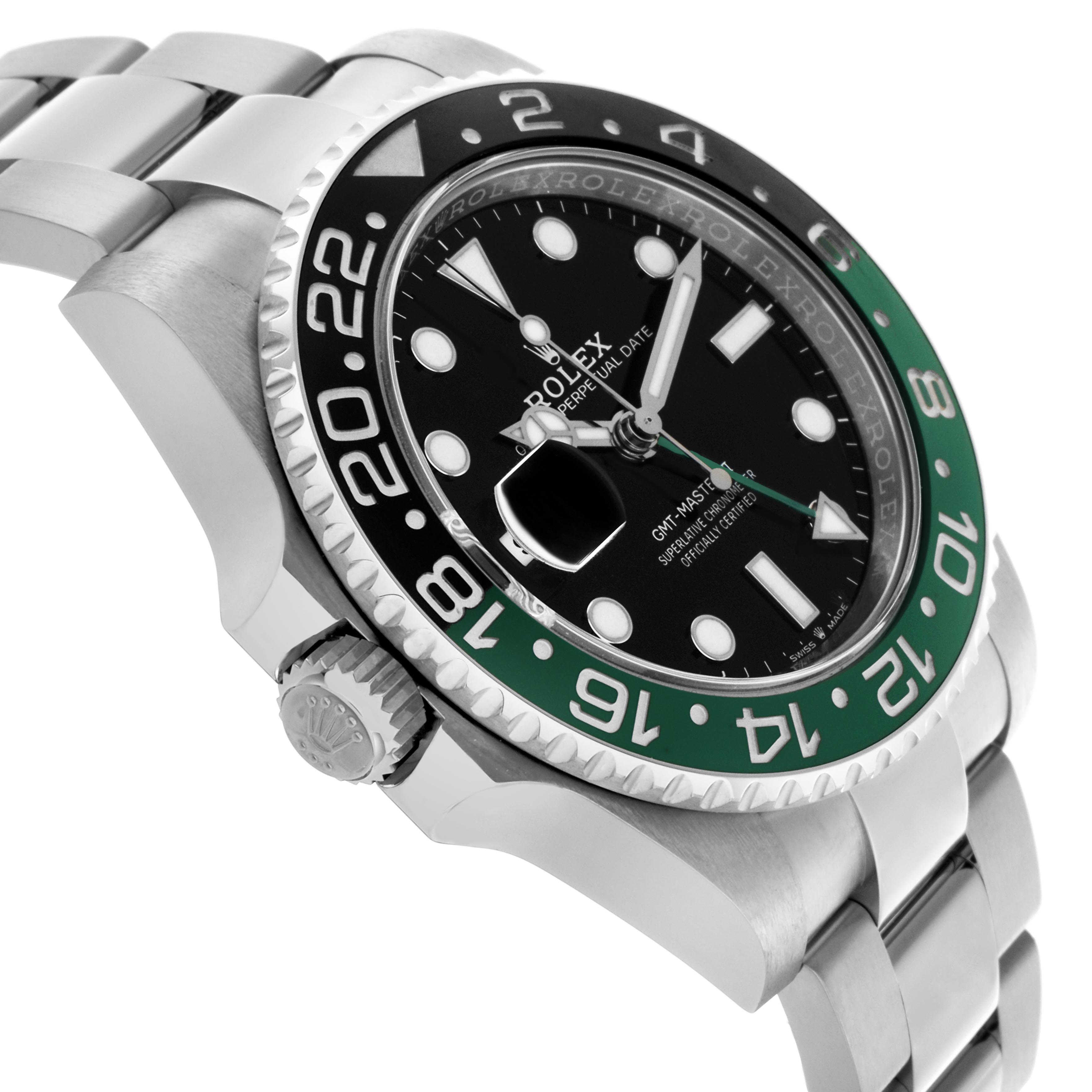 The Rolex GMT-Master 126720VTNR Men
s Stainless Steel Black Dial 126720VTNR Men
s Stainless Steel Black Dial watch is shown at a three-quarter angle, highlighting the bezel, crown, dial, and stainless steel bracelet.