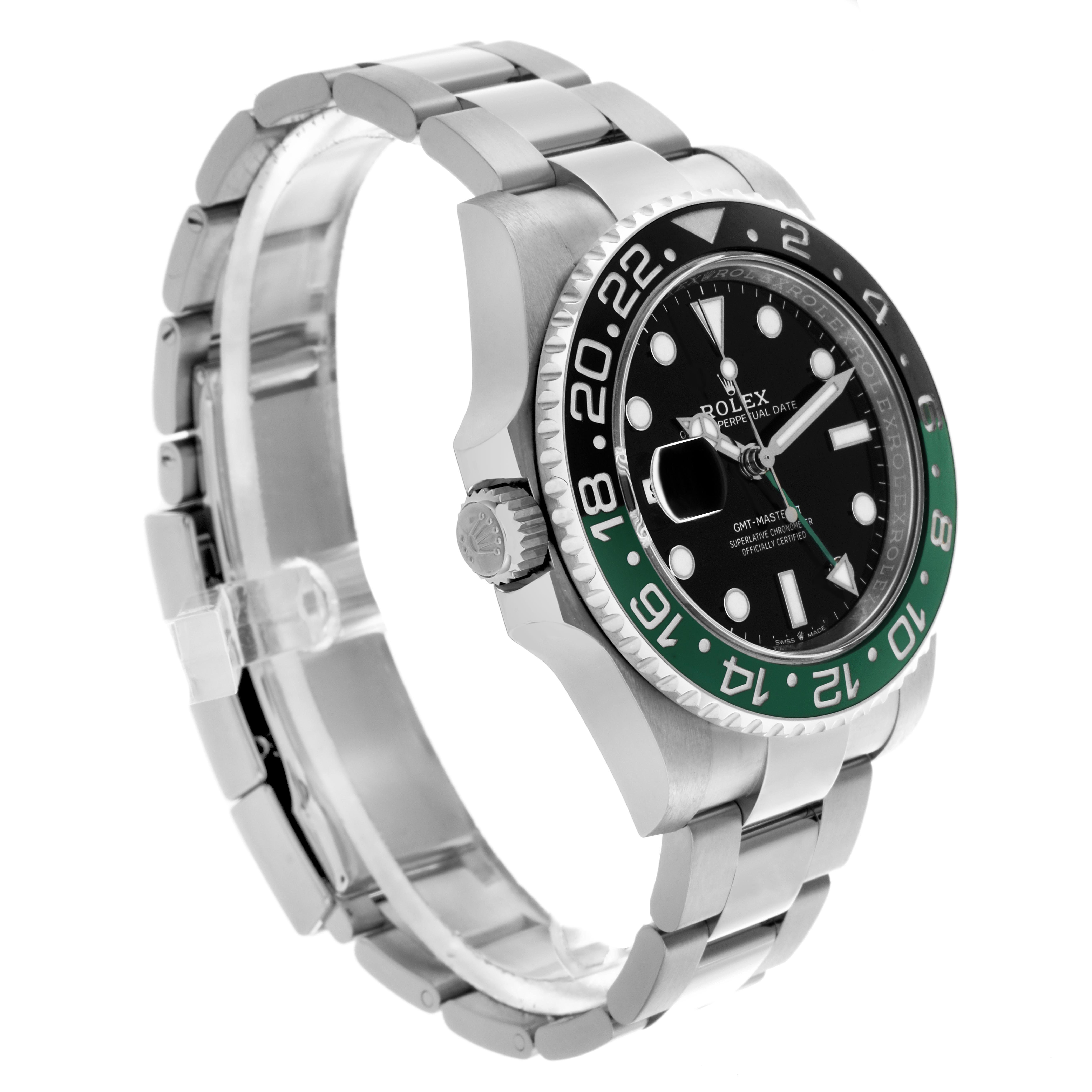 The Rolex GMT-Master 126720VTNR Men
s Stainless Steel Black Dial 126720VTNR Men
s Stainless Steel Black Dial watch is shown from a 3/4 angle, highlighting the bezel, dial, crown, and part of the bracelet.
