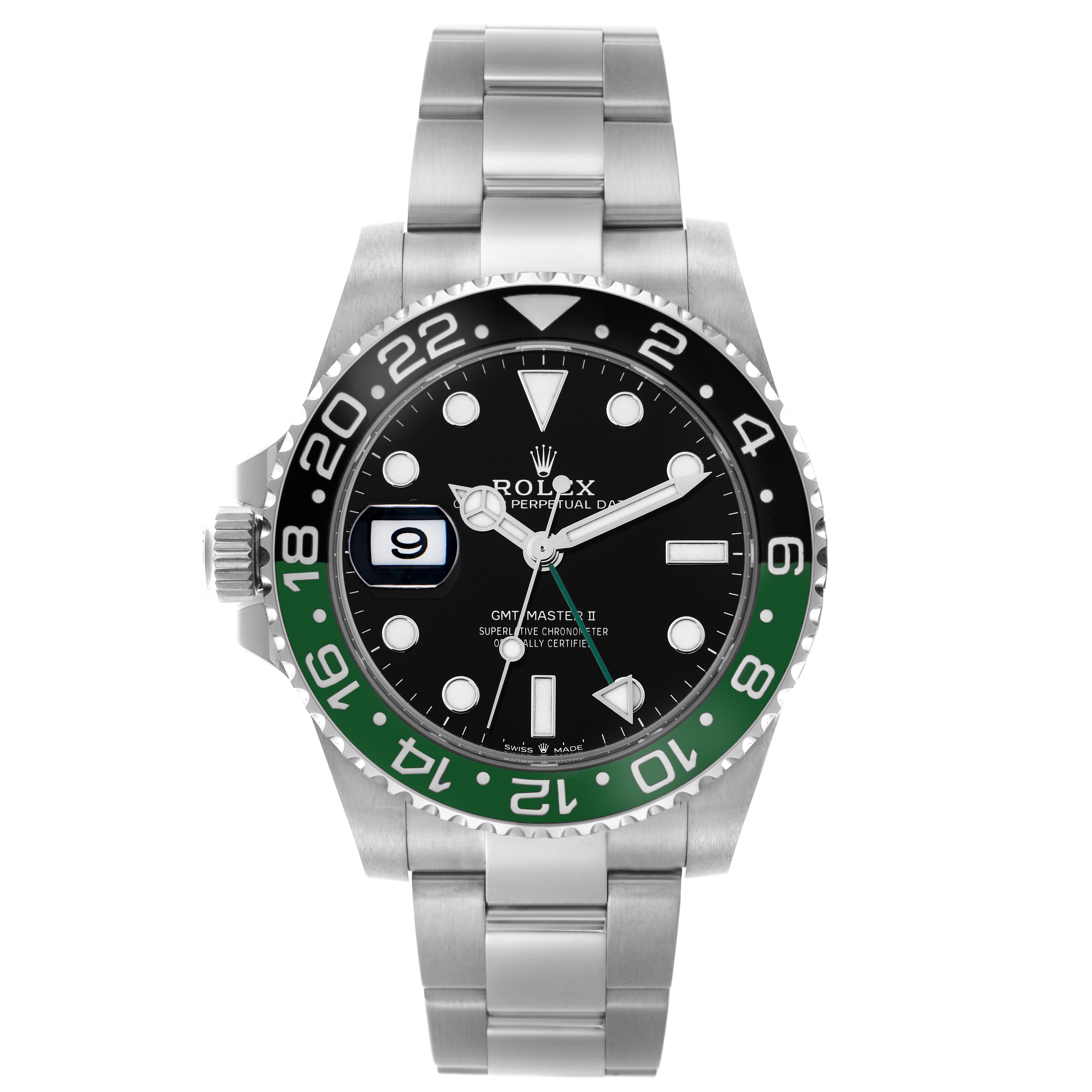 This Rolex GMT-Master 126720VTNR Men
s Stainless Steel Black Dial 126720VTNR Men
s Stainless Steel Black Dial watch is shown from a front angle, highlighting the bezel, dial, and bracelet.