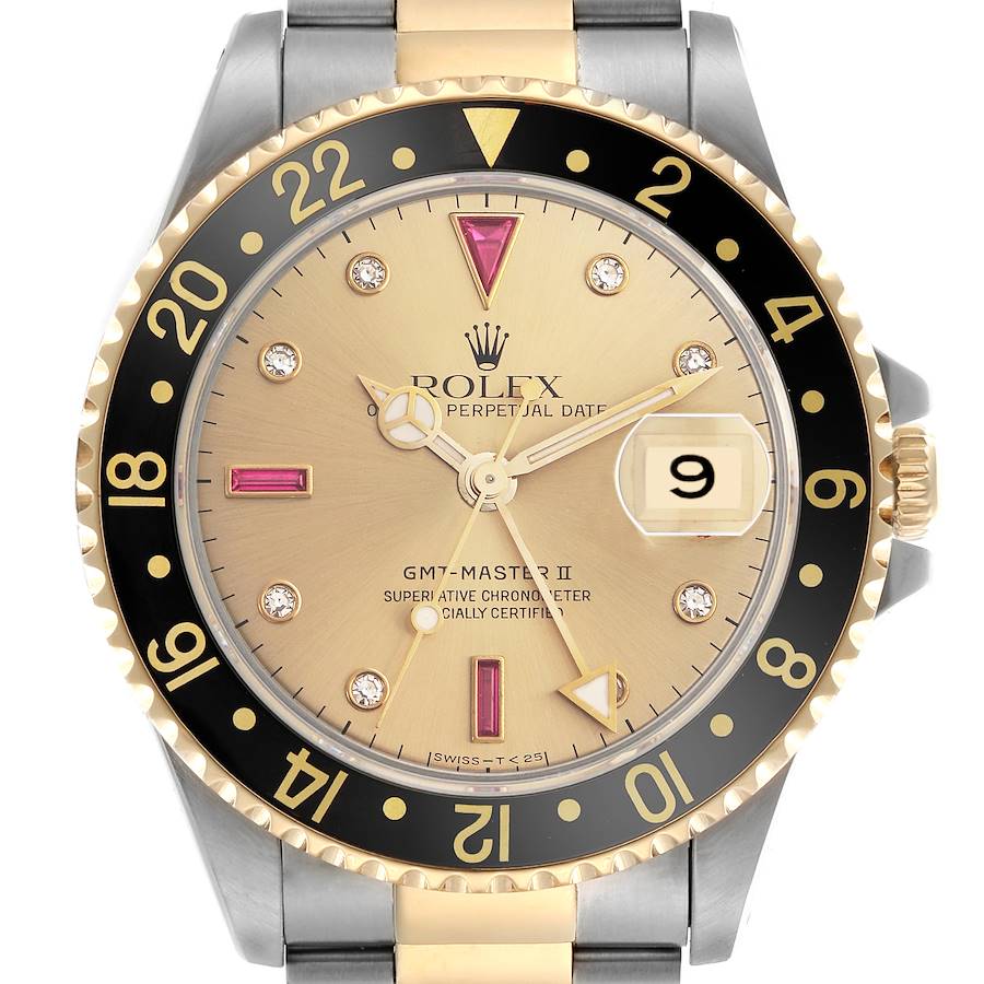 This Rolex GMT-Master II watch is shown from a front angle, displaying the dial, bezel, and part of the bracelet.