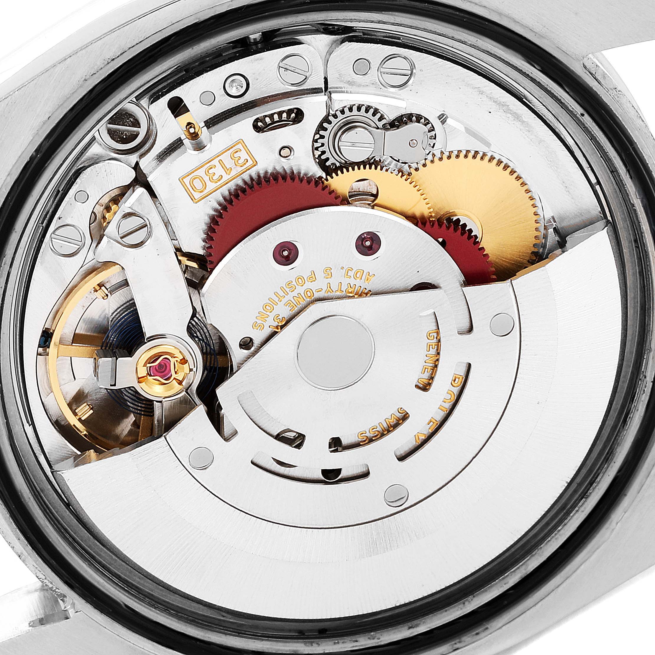 The image shows a close-up view of the internal mechanism and movement of a Rolex Oyster Perpetual 116000 Men's Stainless Steel Silver Dial 116000 Men's Stainless Steel Silver Dial watch.
