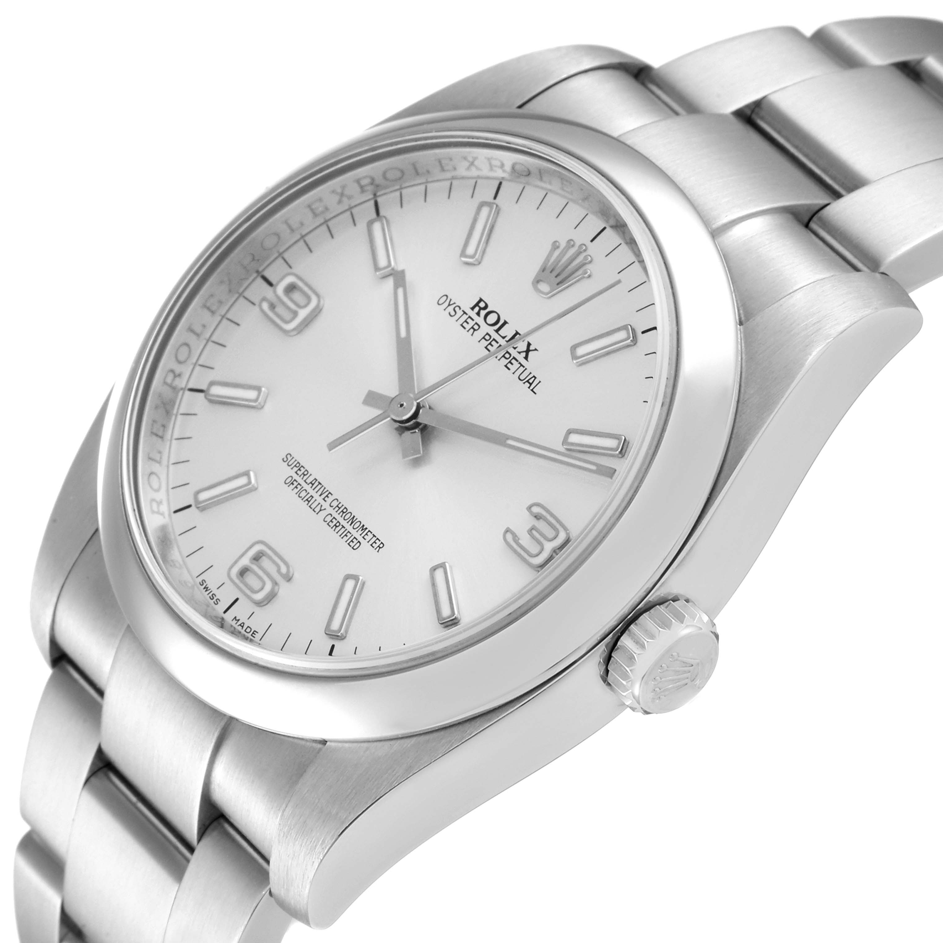 The image shows a side angle of a Rolex Oyster Perpetual 116000 Men's Stainless Steel Silver Dial 116000 Men's Stainless Steel Silver Dial watch, highlighting the case, dial, bracelet, and crown.