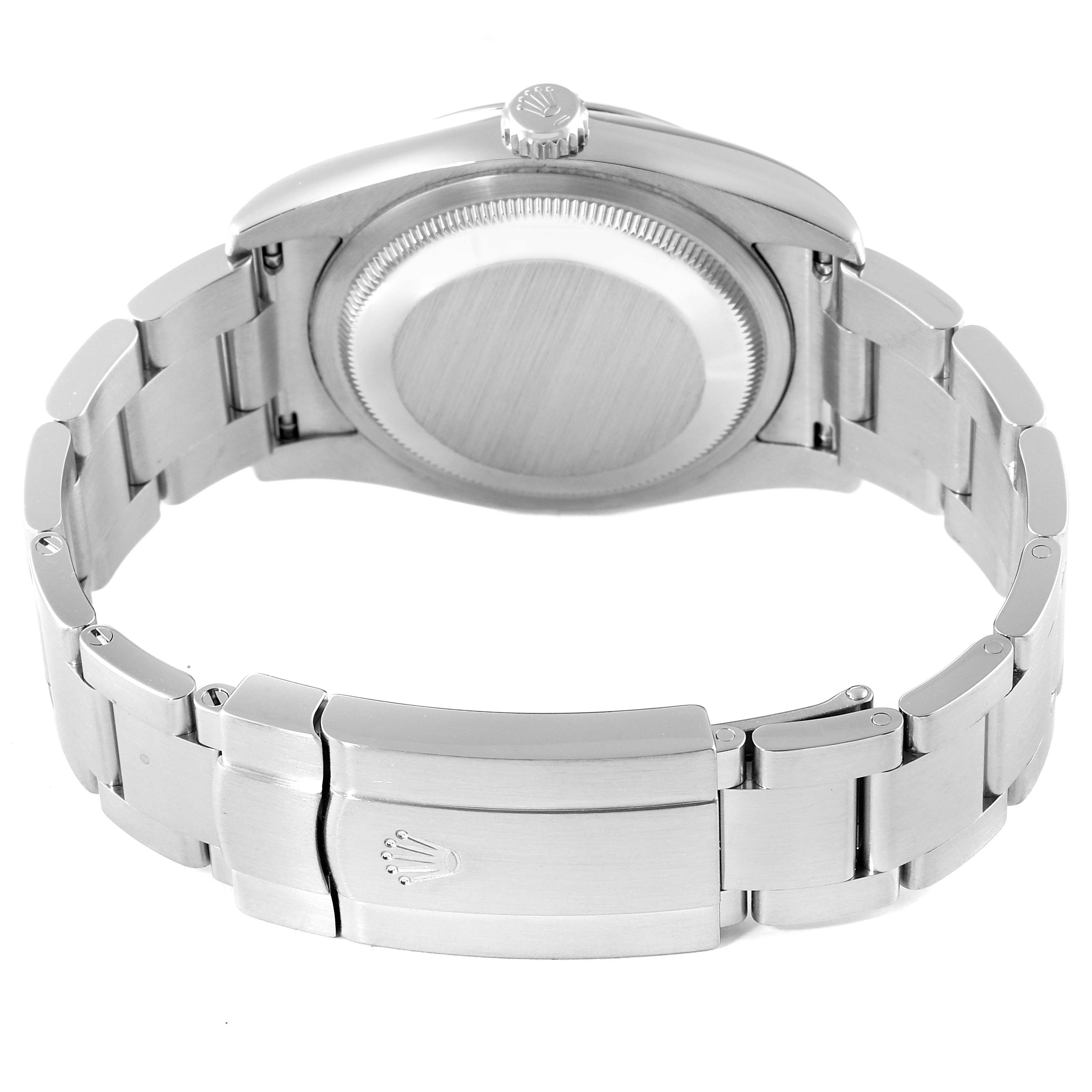 This image shows the back, clasp, and bracelet of a Rolex Oyster Perpetual 116000 Men's Stainless Steel Silver Dial 116000 Men's Stainless Steel Silver Dial watch.