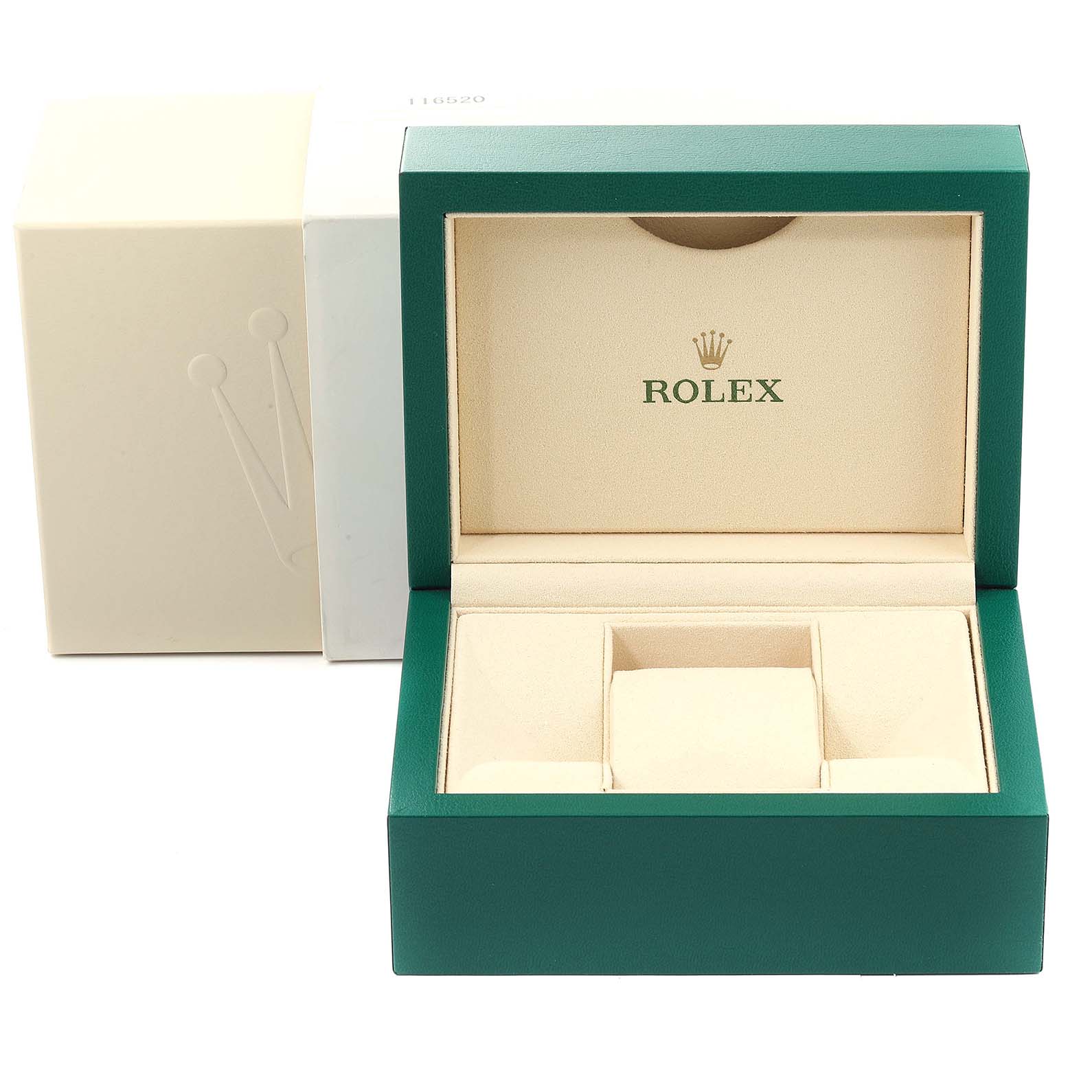 This image shows the open presentation box for a Rolex Oyster Perpetual 116000 Men's Stainless Steel Silver Dial 116000 Men's Stainless Steel Silver Dial watch, featuring the Rolex logo inside and an outer white box.