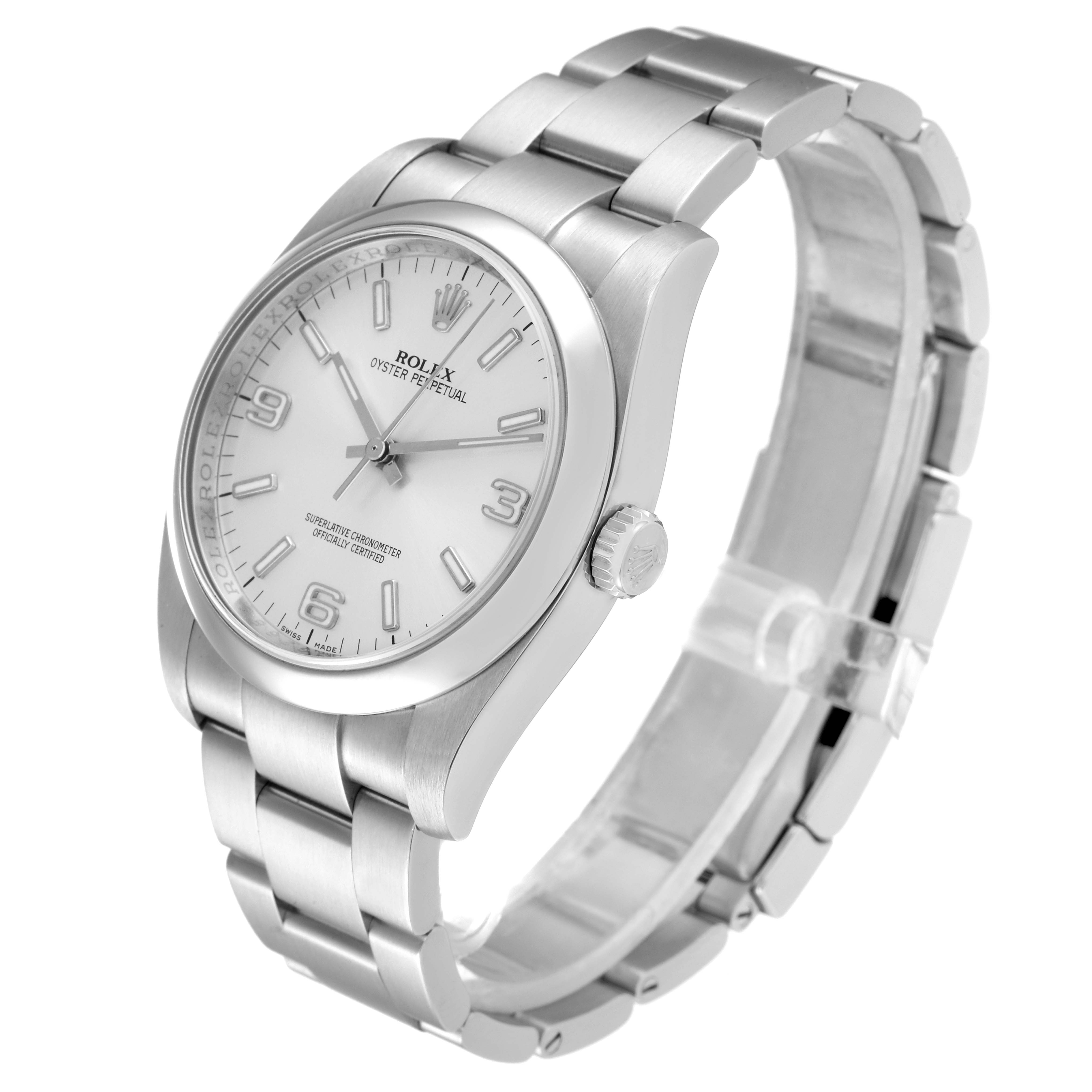 The image shows a side and top angle of a Rolex Oyster Perpetual 116000 Men's Stainless Steel Silver Dial 116000 Men's Stainless Steel Silver Dial watch, highlighting its dial, crown, and bracelet.