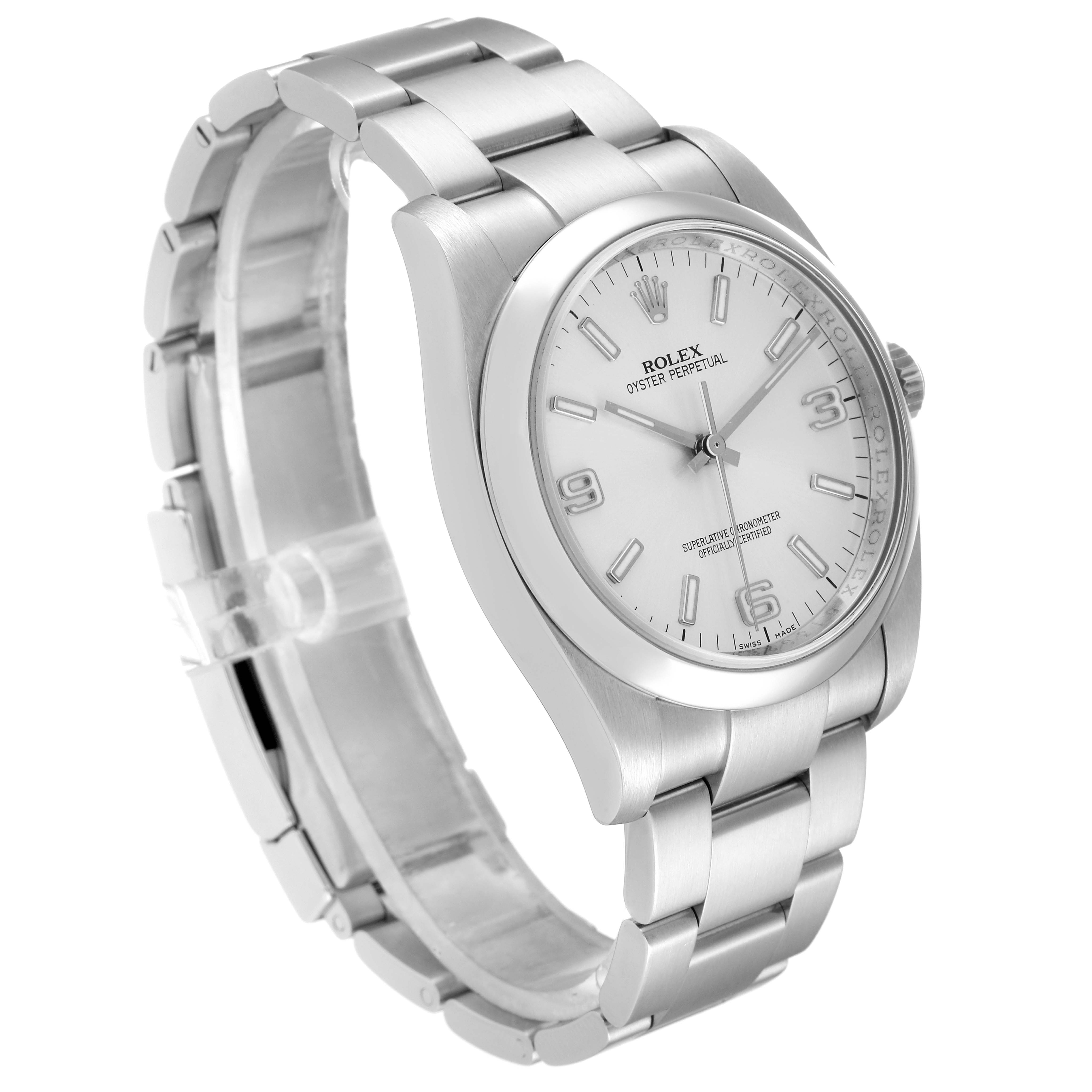 This image shows a Rolex Oyster Perpetual 116000 Men's Stainless Steel Silver Dial 116000 Men's Stainless Steel Silver Dial watch at an angled view, highlighting its face, case, and metal bracelet.