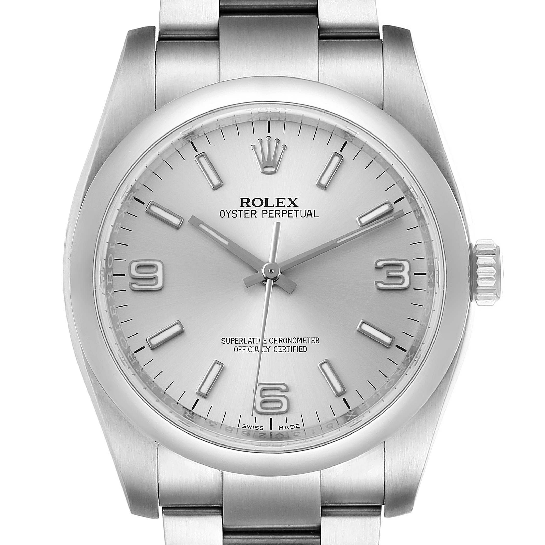 The image shows a front view of the Rolex Oyster Perpetual 116000 Men's Stainless Steel Silver Dial 116000 Men's Stainless Steel Silver Dial watch, displaying the dial, hands, crown, and part of the bracelet.