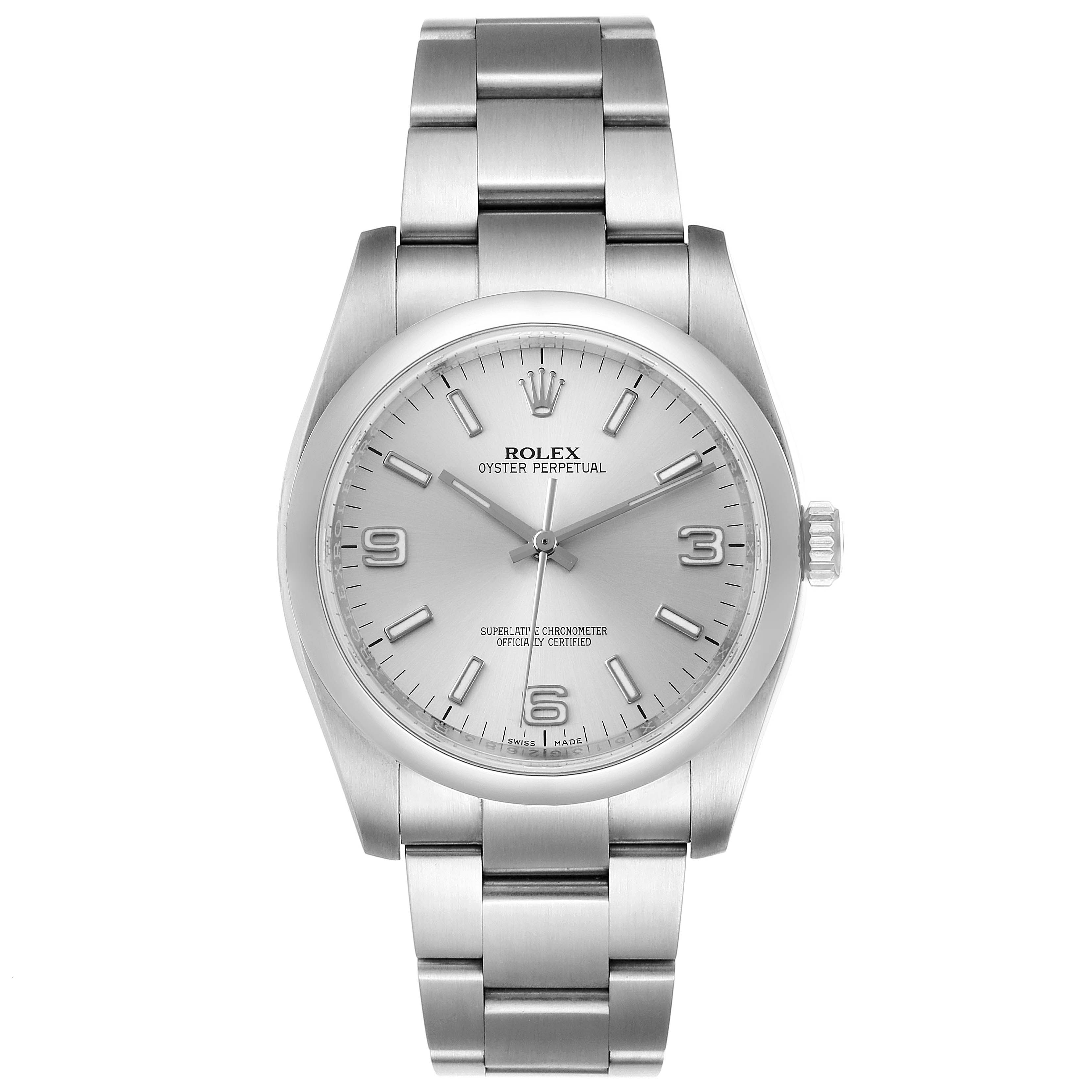 This image shows a front view of a Rolex Oyster Perpetual 116000 Men's Stainless Steel Silver Dial 116000 Men's Stainless Steel Silver Dial watch, highlighting the face, bezel, and bracelet.